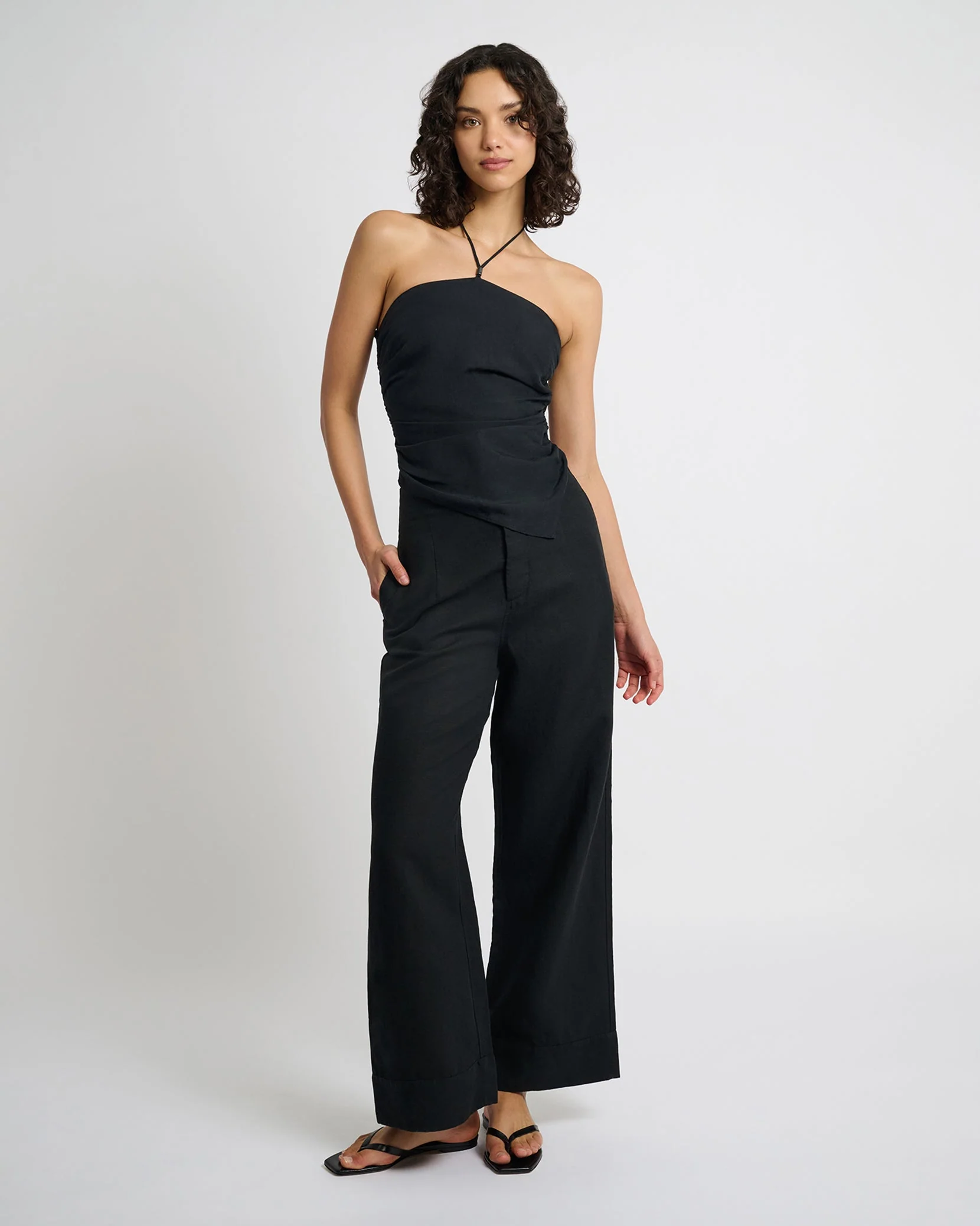Womens | Air Linen Asymmetrical Halter Top | Black - Image 3