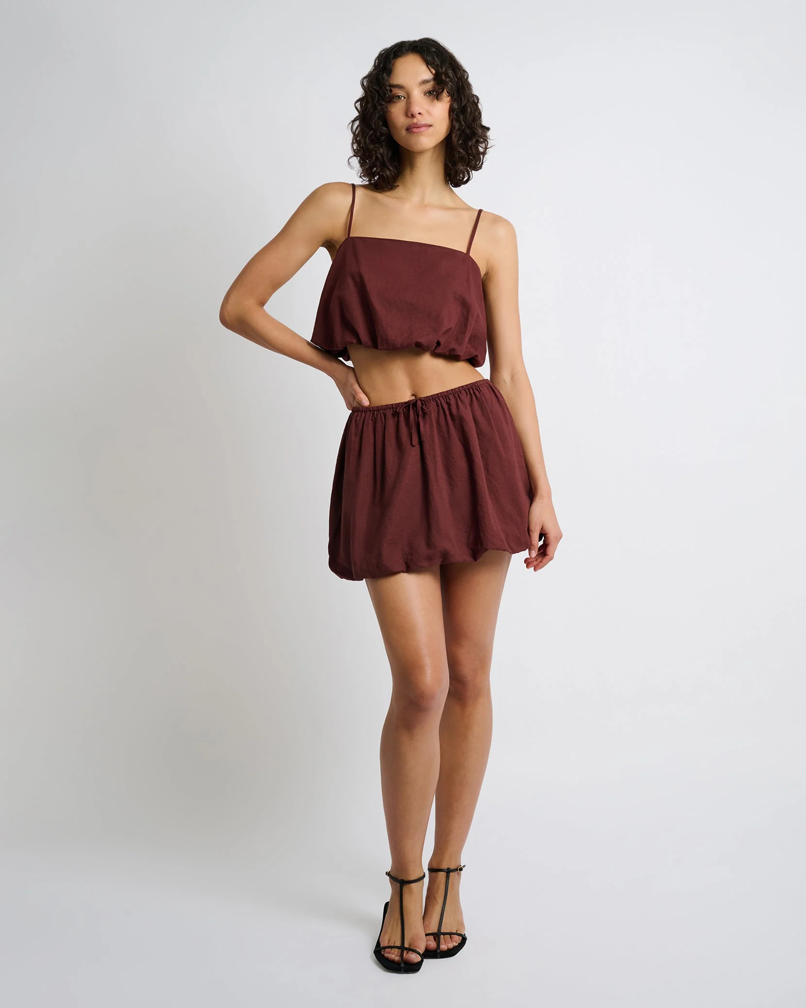 Womens | Air Linen Bubble Mini Skirt | Rum - Image 3