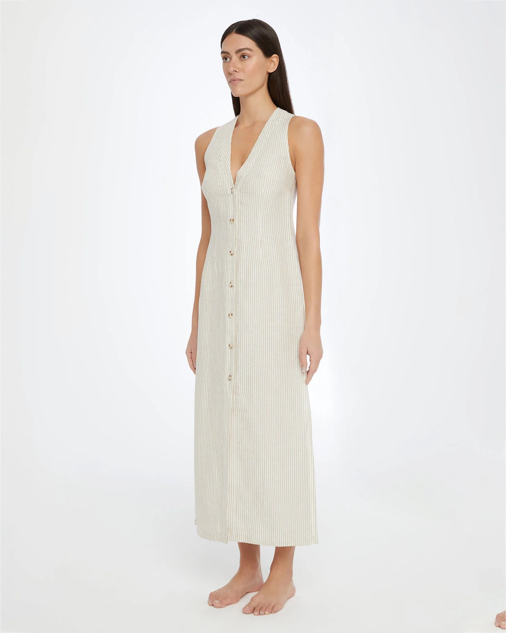 Womens | Air Linen Button Down Maxi Dress | Jute/White - Image 3