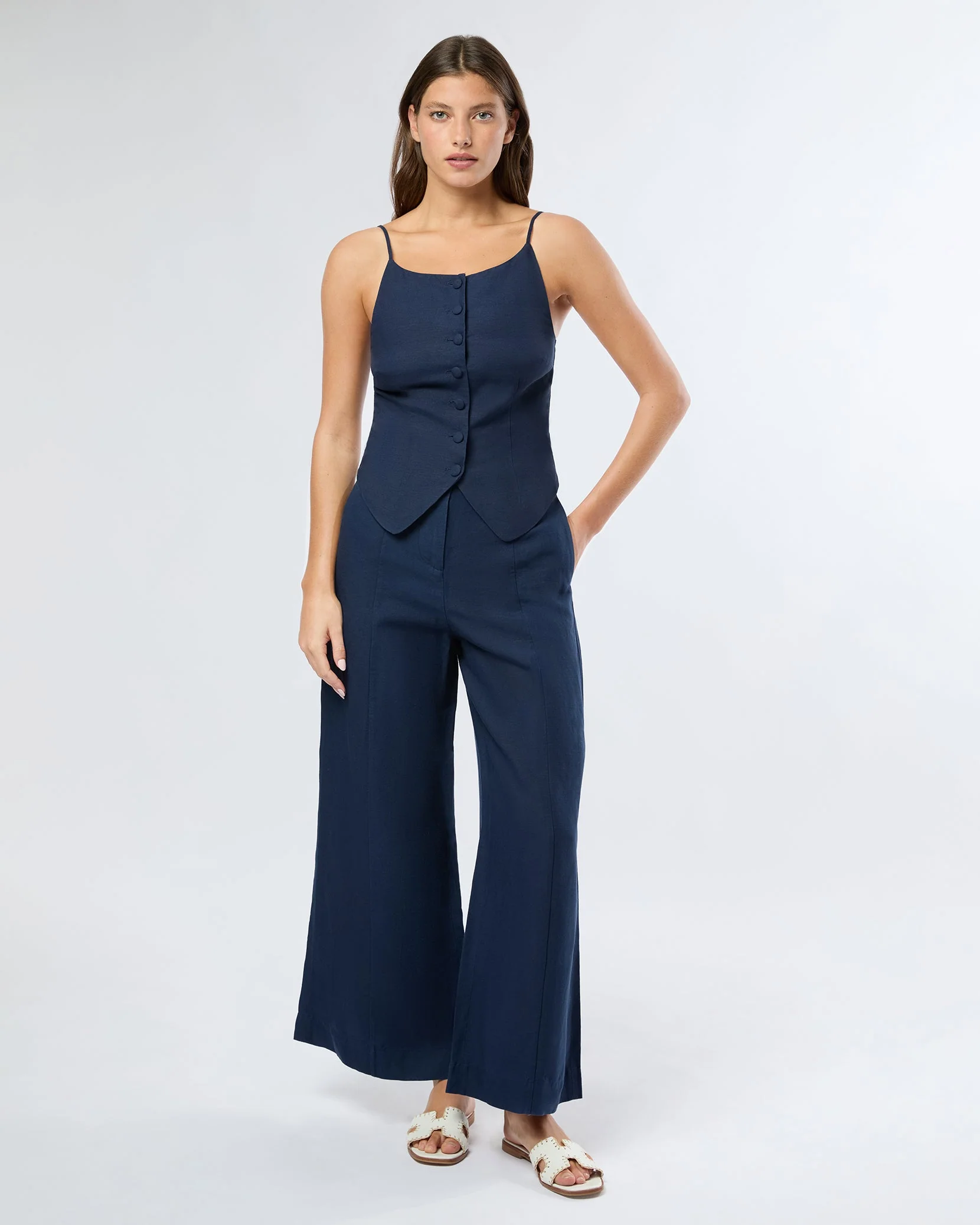 Womens | Air Linen Palazzo Pant | Deep Navy - Image 3