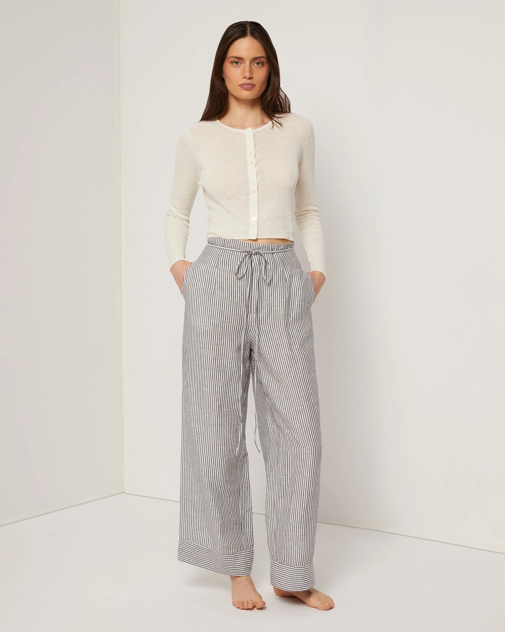 Womens | Air Linen Paperbag Trouser | Deep Navy/White - Image 3