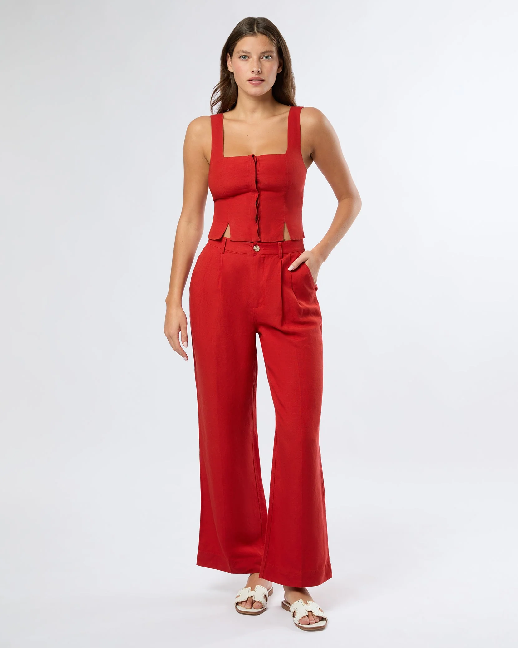 Womens | Air Linen Pleated Trouser | Dark Red - Image 3