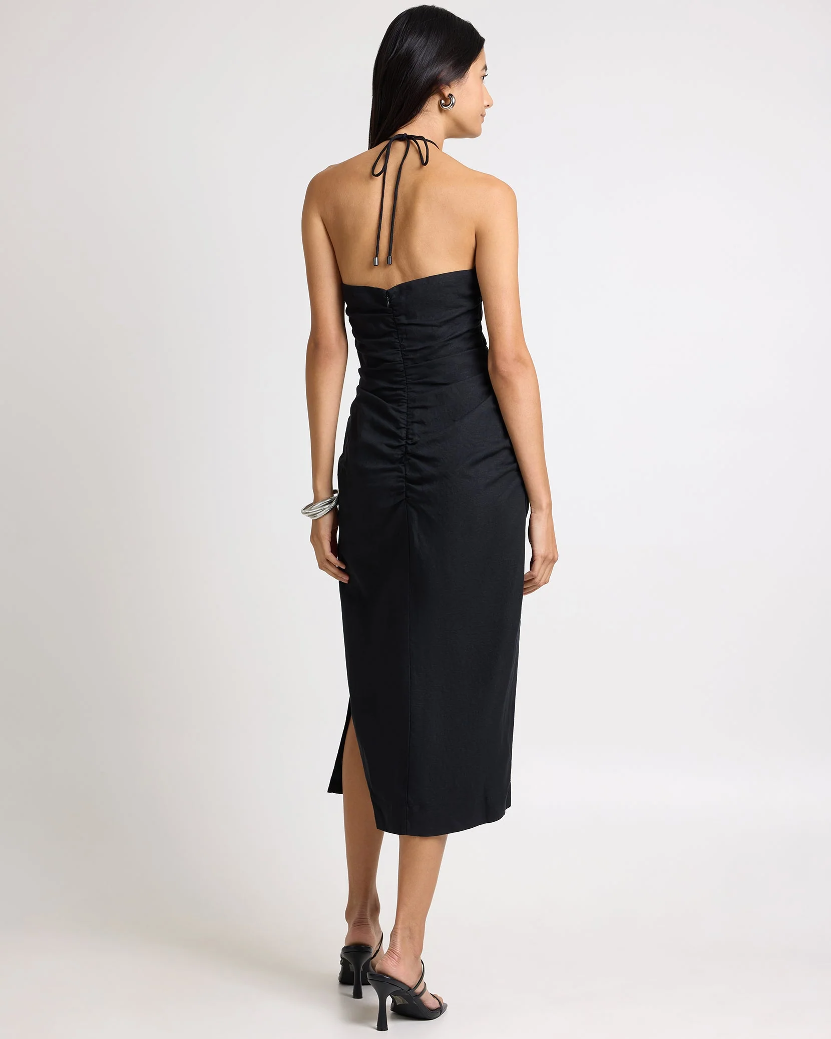 Womens | Air Linen Ruched Halter Dress | Black - Image 6