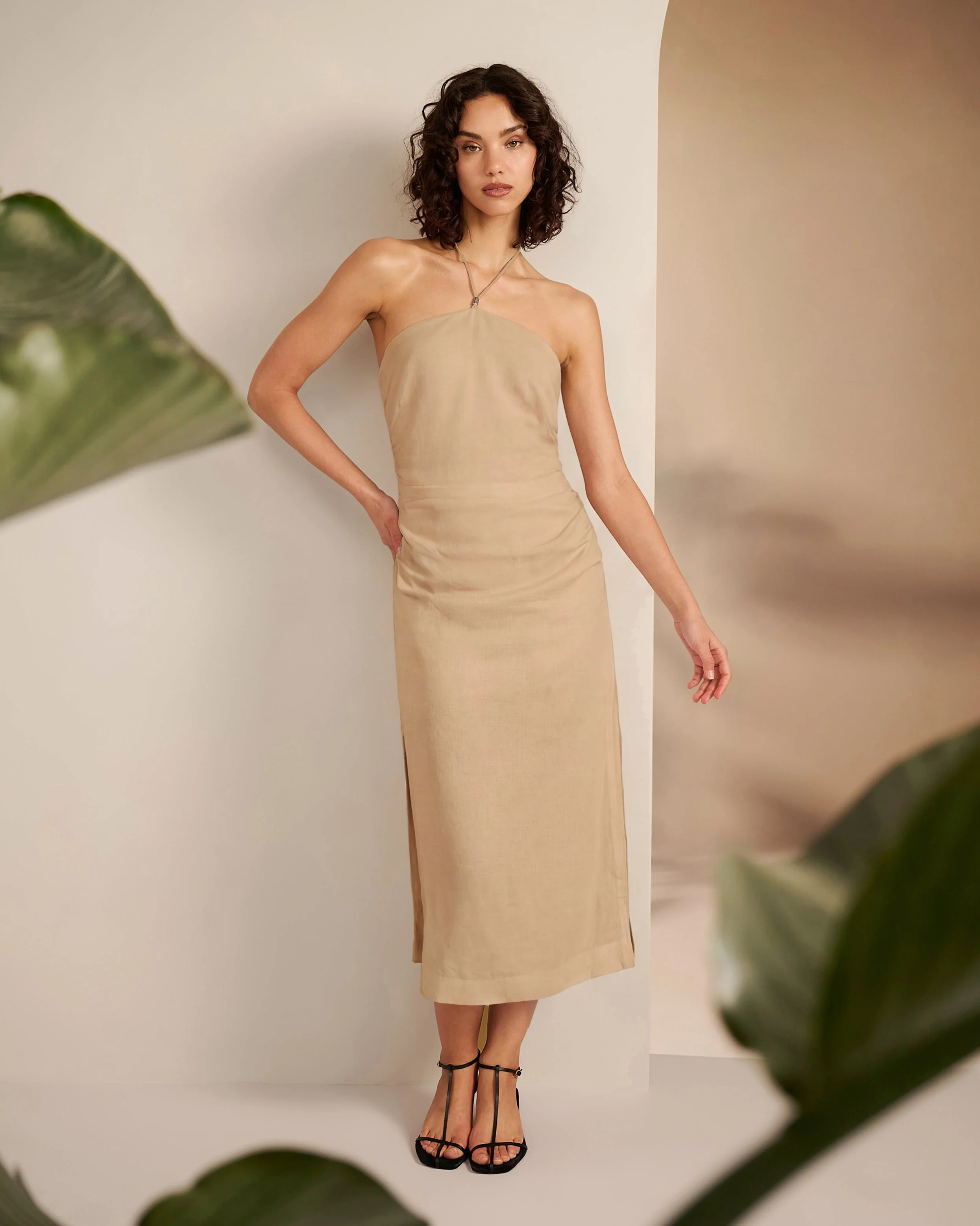 Womens | Air Linen Ruched Halter Dress | Jute - Image 2