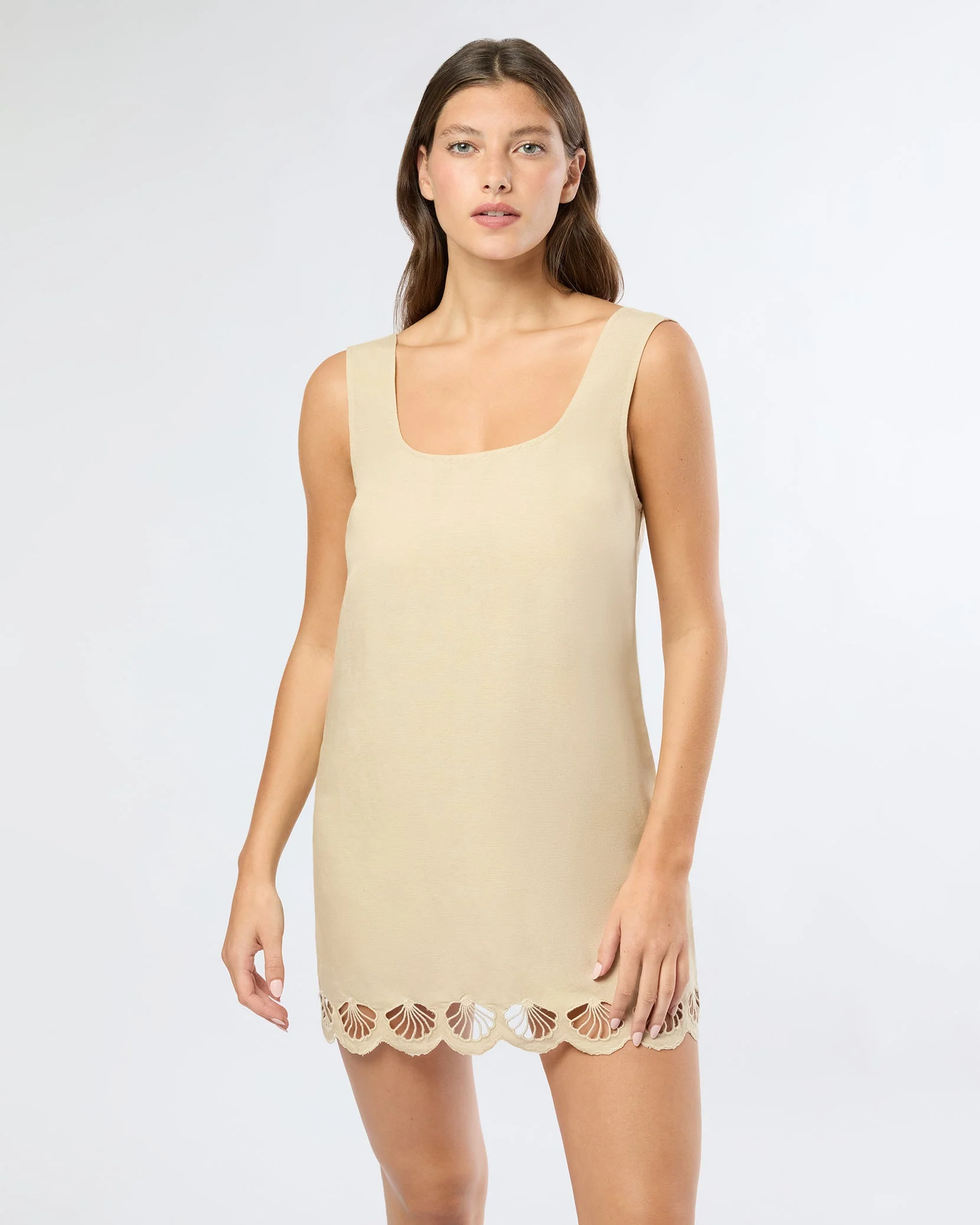 Womens | Air Linen Scallop Mini Dress | Jute - Image 3