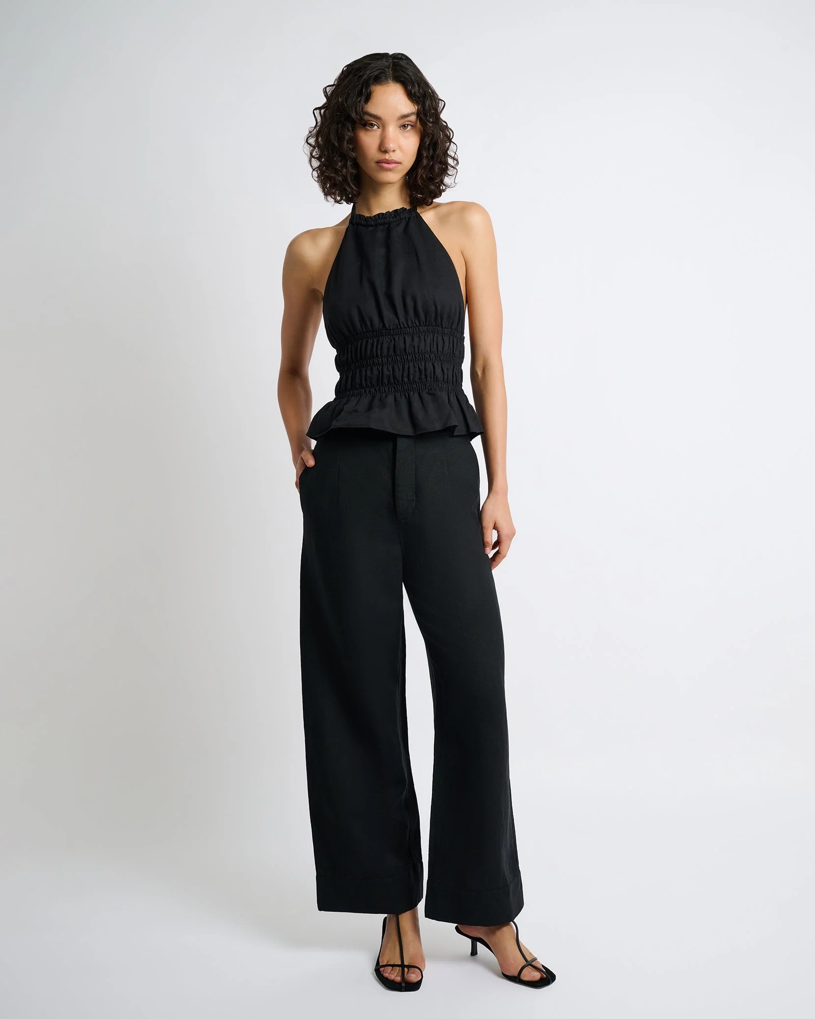 Womens | Air Linen Smocked Halter Top | Black - Image 3