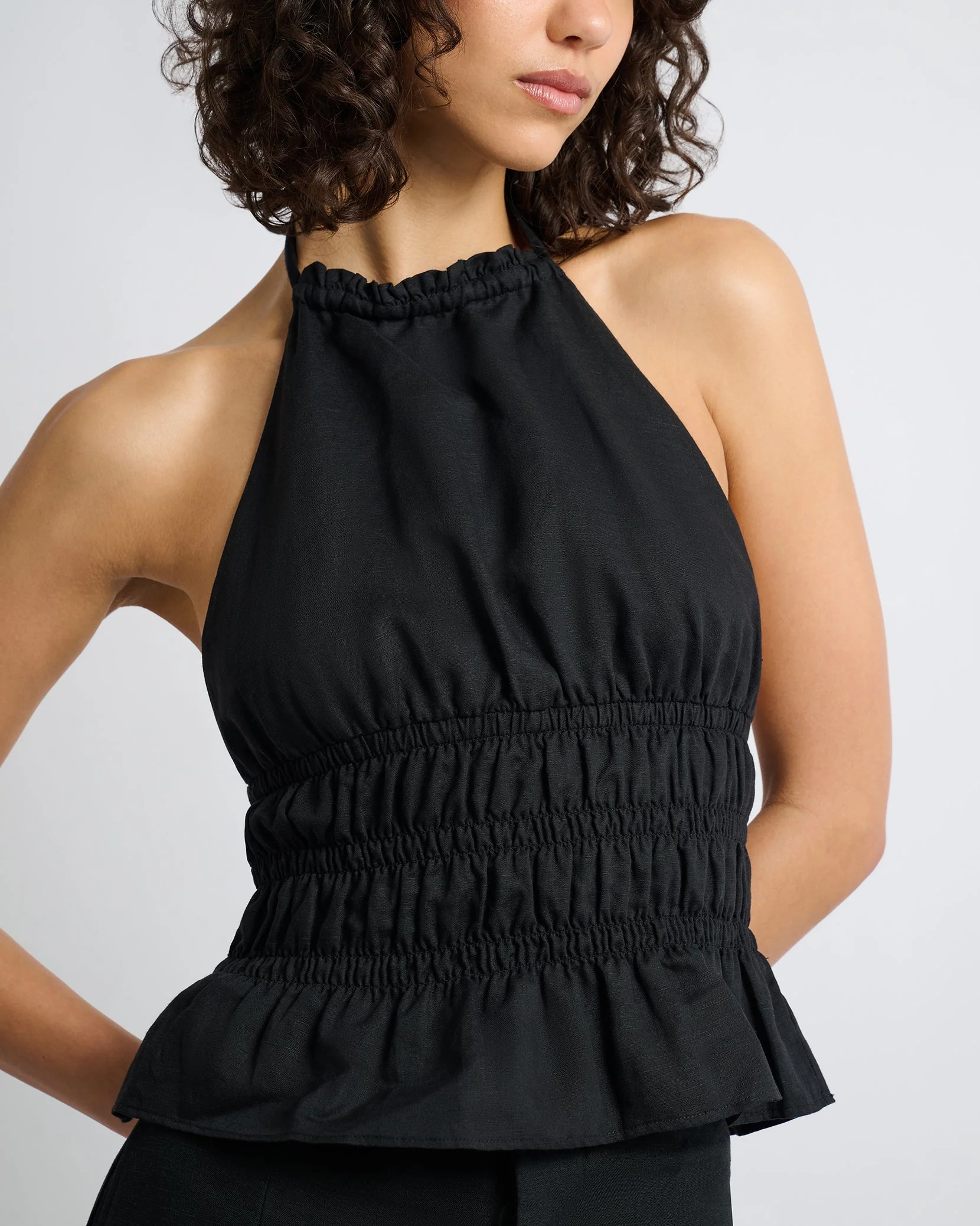 Womens | Air Linen Smocked Halter Top | Black - Image 4