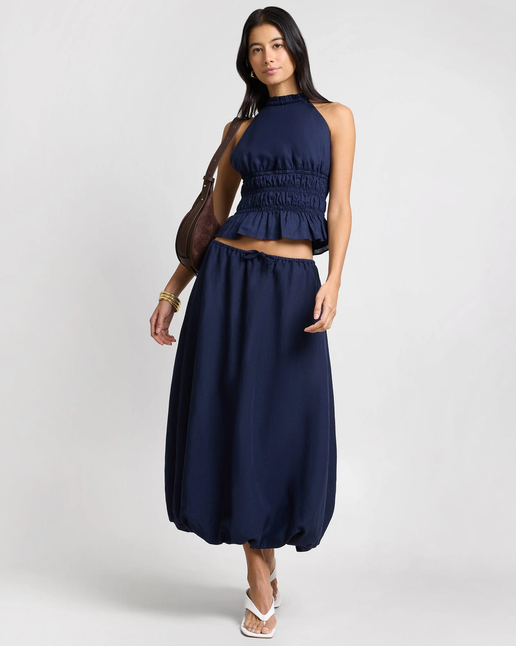 Womens | Air Linen Smocked Halter Top | Noir Navy - Image 3