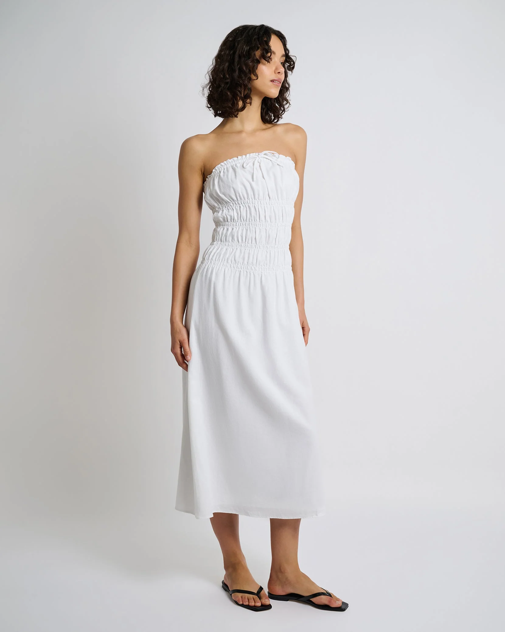 Womens | Air Linen Smocked Maxi Dress | White - Image 3