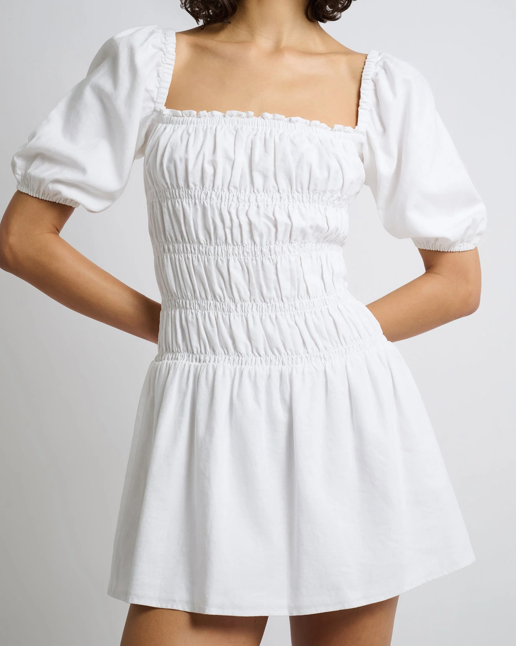Womens | Air Linen Smocked Mini Dress | White - Image 3