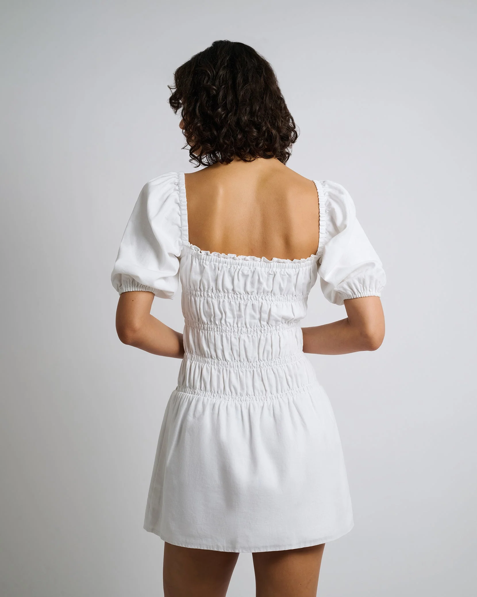 Womens | Air Linen Smocked Mini Dress | White - Image 5