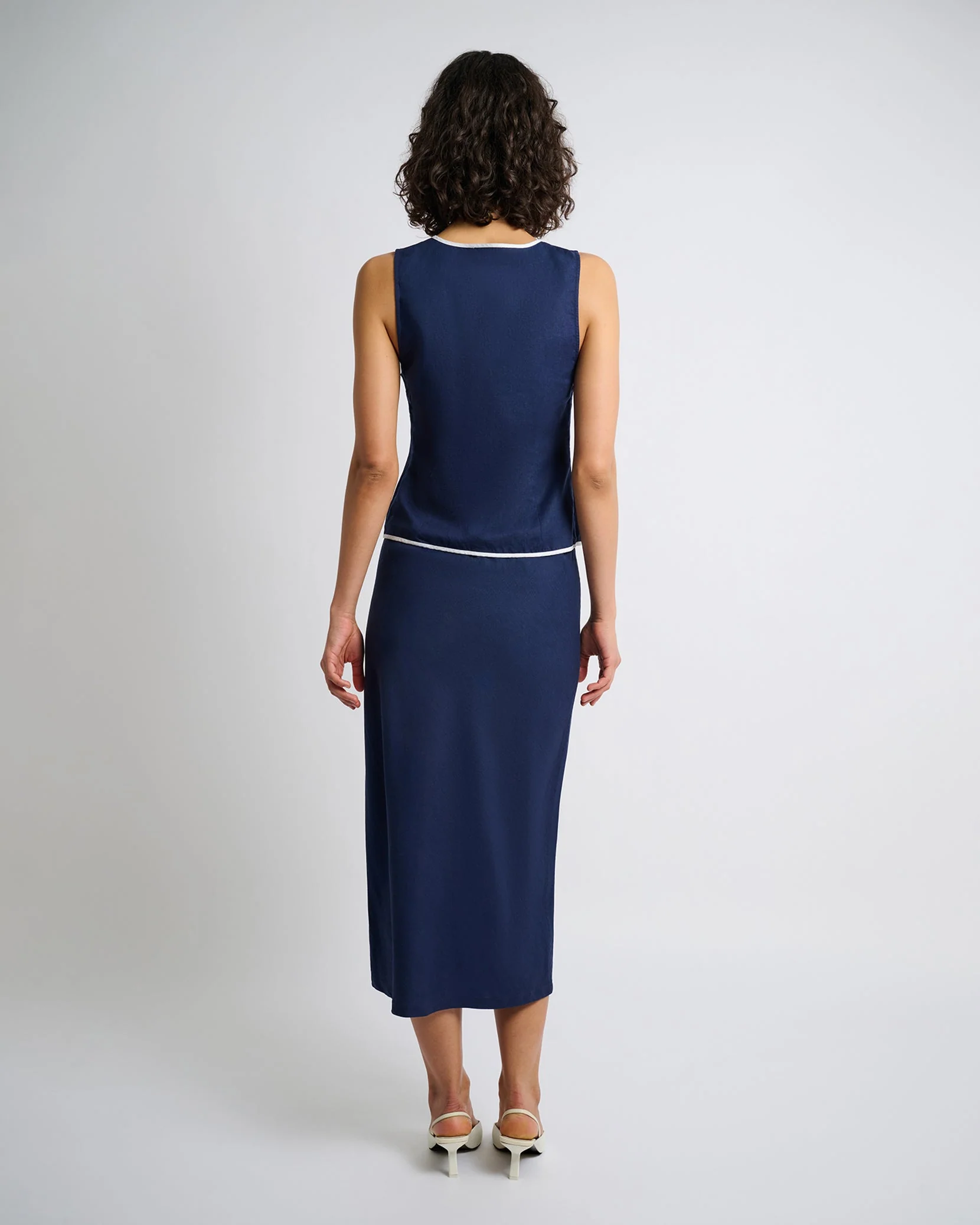 Womens | Air Linen Tie Front Tank | Deep Navy/White - Image 5