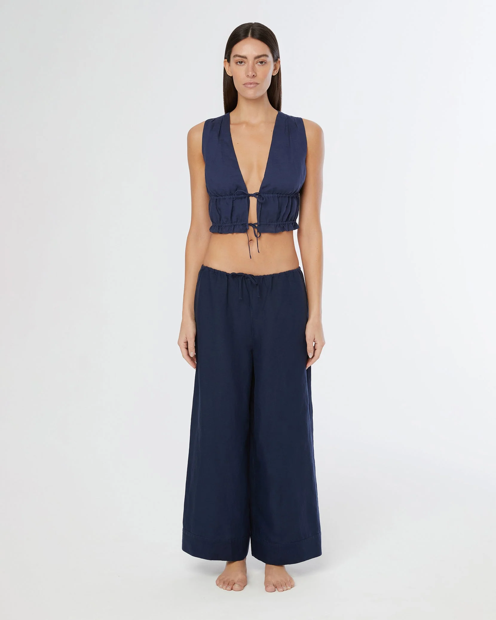 Womens | Air Linen Tie Front Top | Deep Navy - Image 3