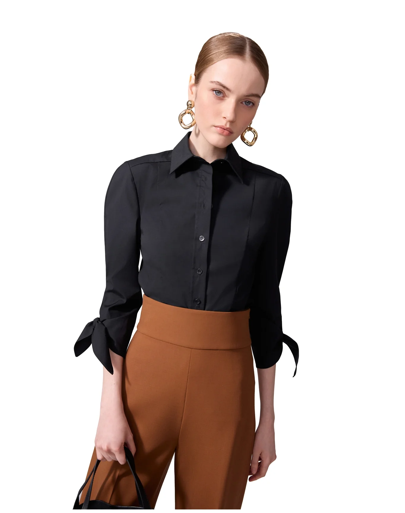 3/4 Tie Sleeve Button Down Top | Black - Image 4