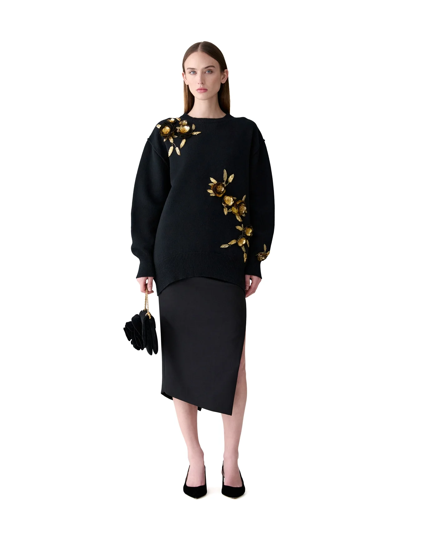 Asymmetric Gathered Midi Skirt | Black - Image 2