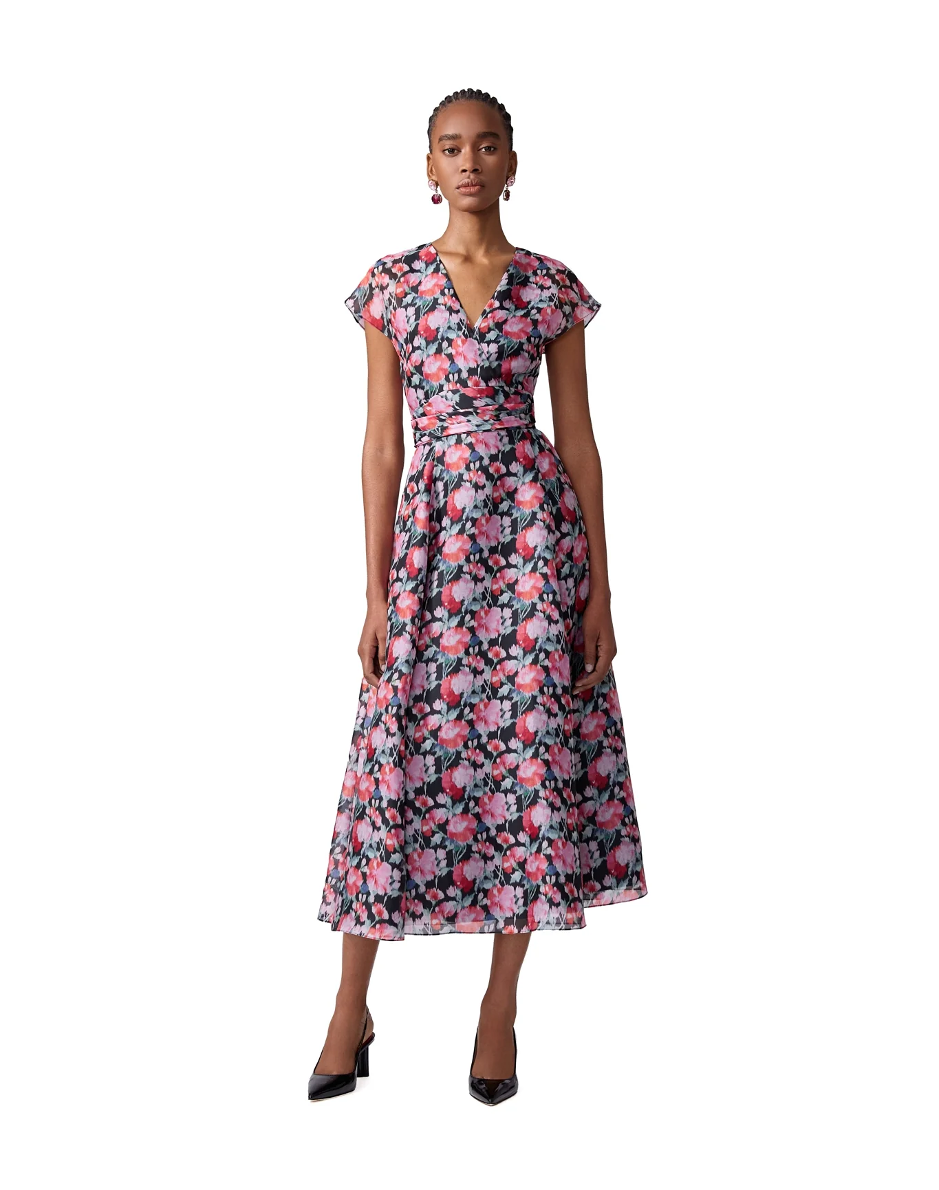 Cap Sleeve V Neck Midi Dress | Pink Multi - Image 2
