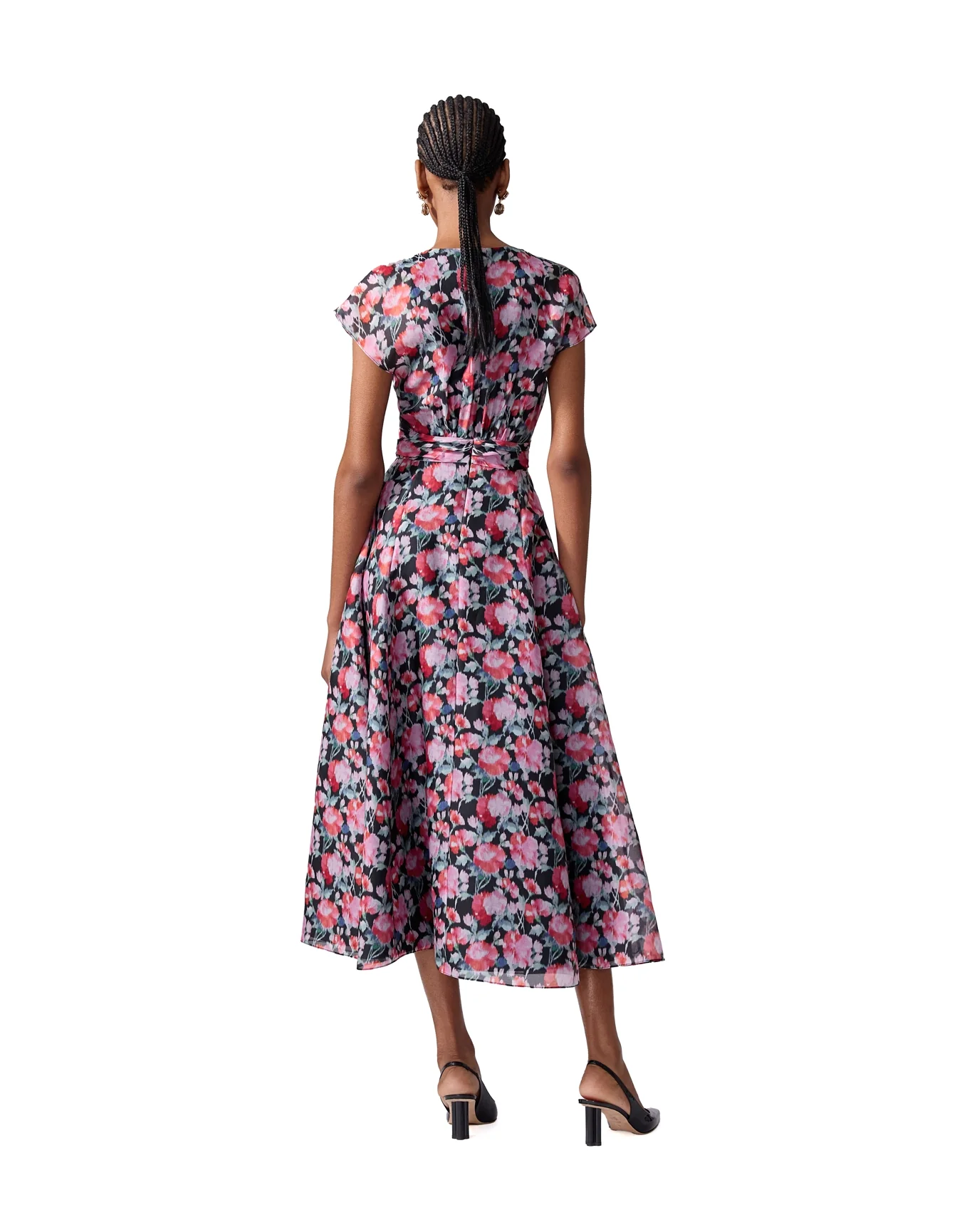 Cap Sleeve V Neck Midi Dress | Pink Multi - Image 3