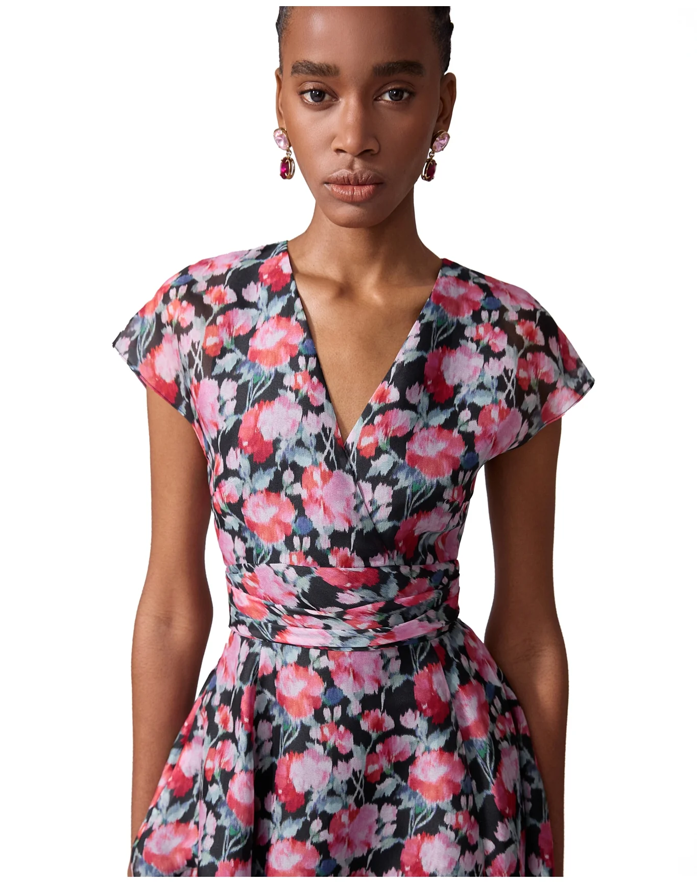 Cap Sleeve V Neck Midi Dress | Pink Multi - Image 4
