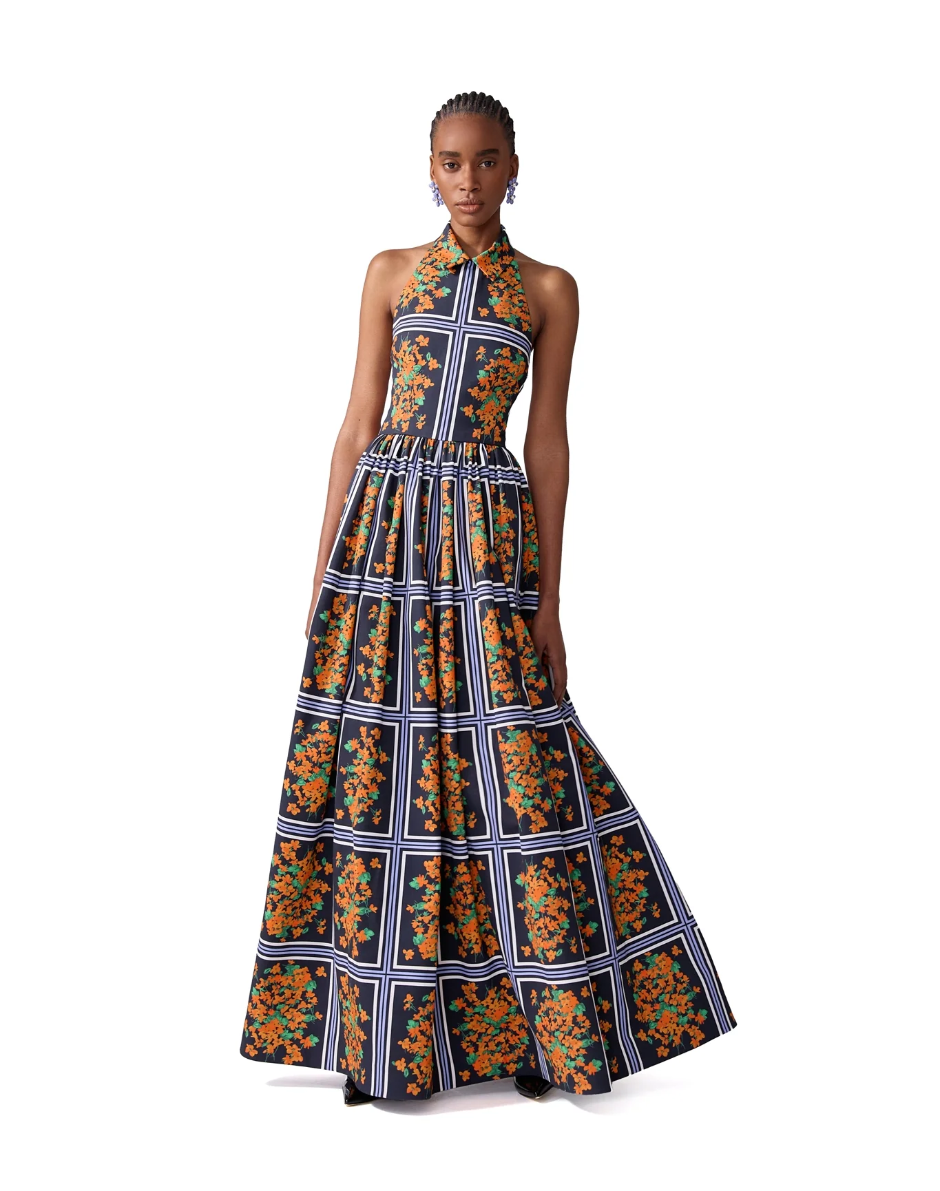 Collared Halter Neck Ball Gown | Black Multi - Image 2