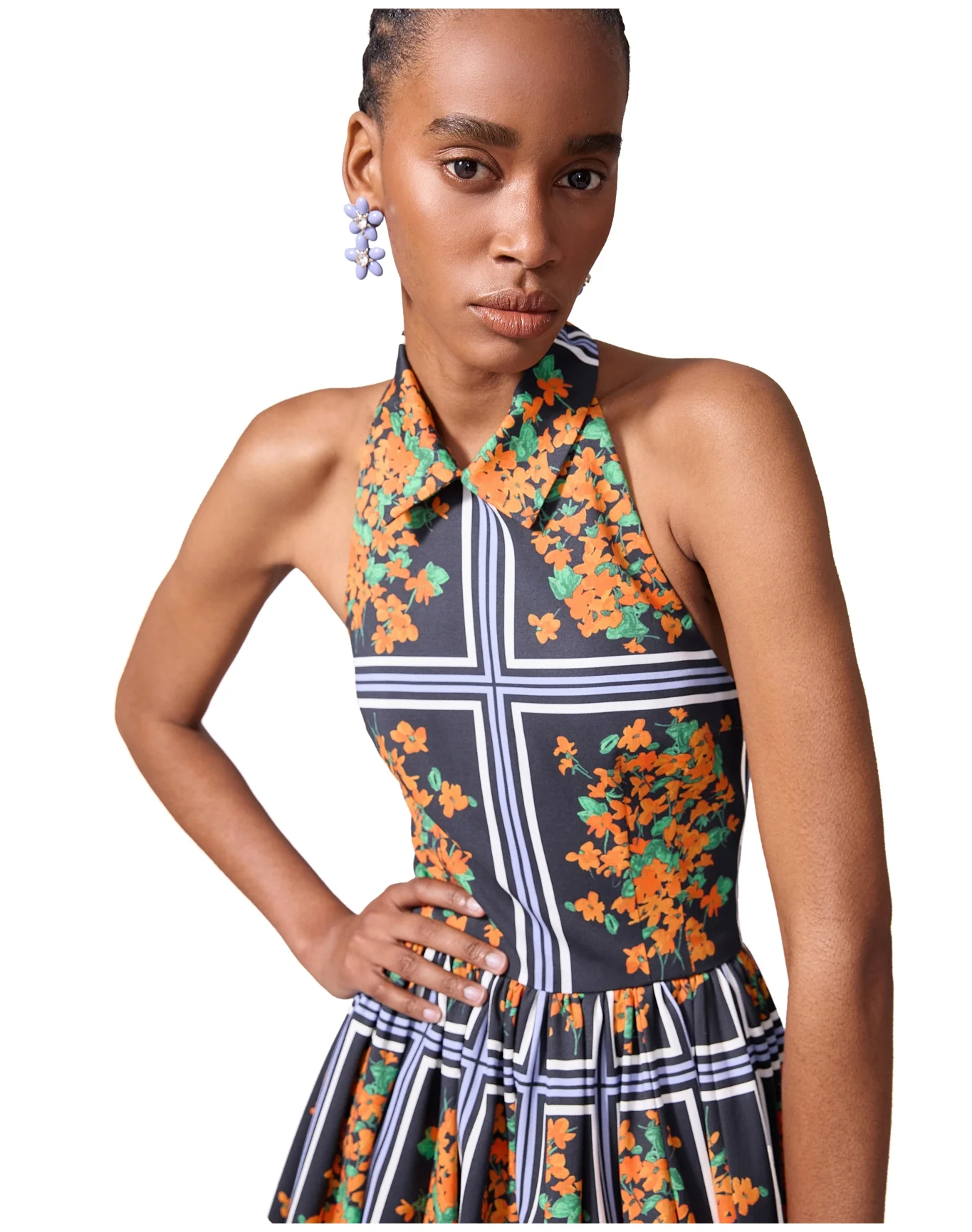 Collared Halter Neck Ball Gown | Black Multi - Image 4