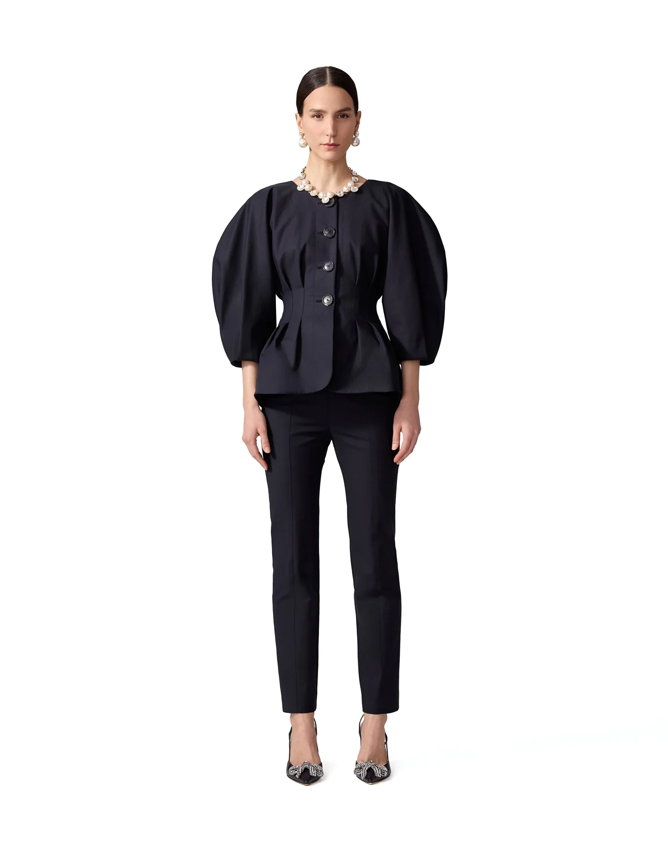 Collarless Pleated Waist Jacket | Black - Image 2