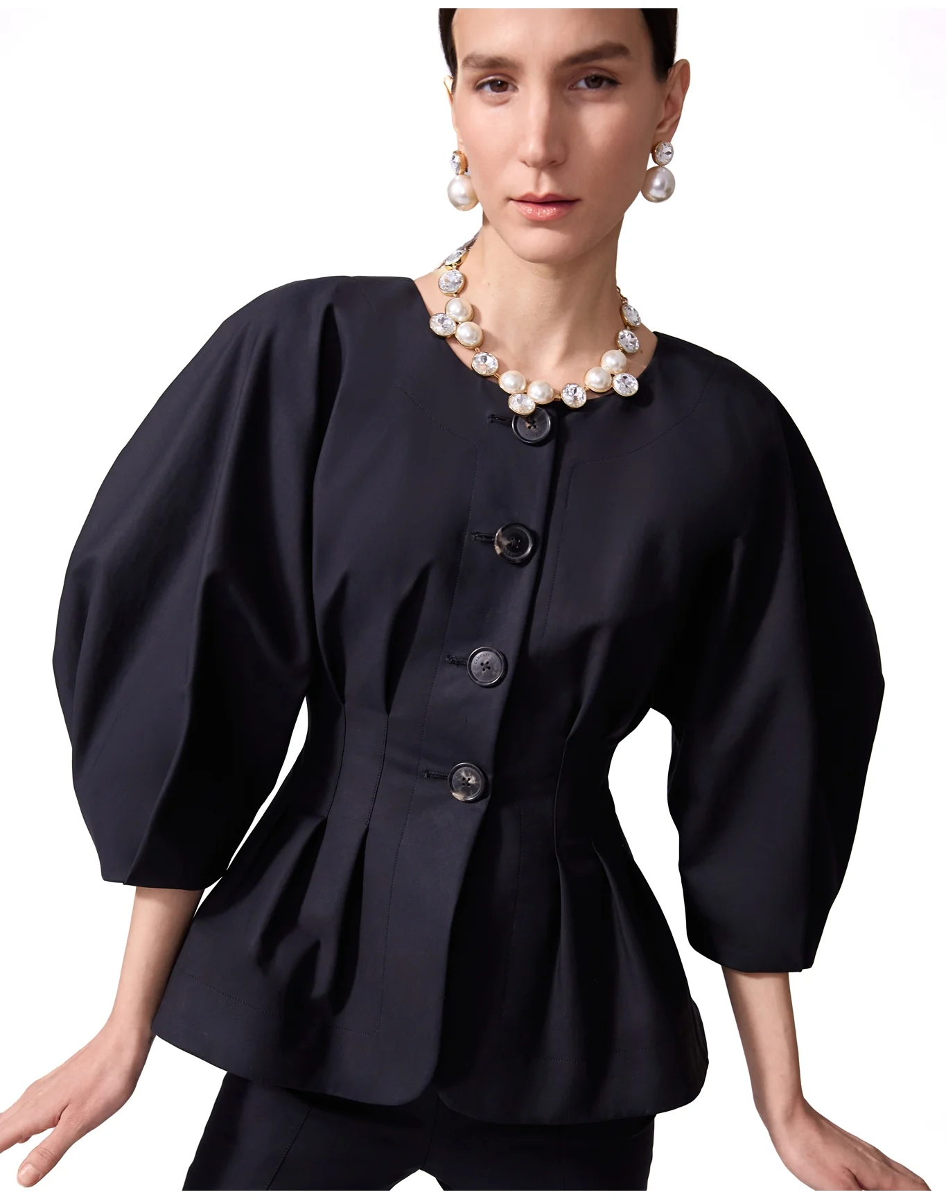 Collarless Pleated Waist Jacket | Black - Image 4