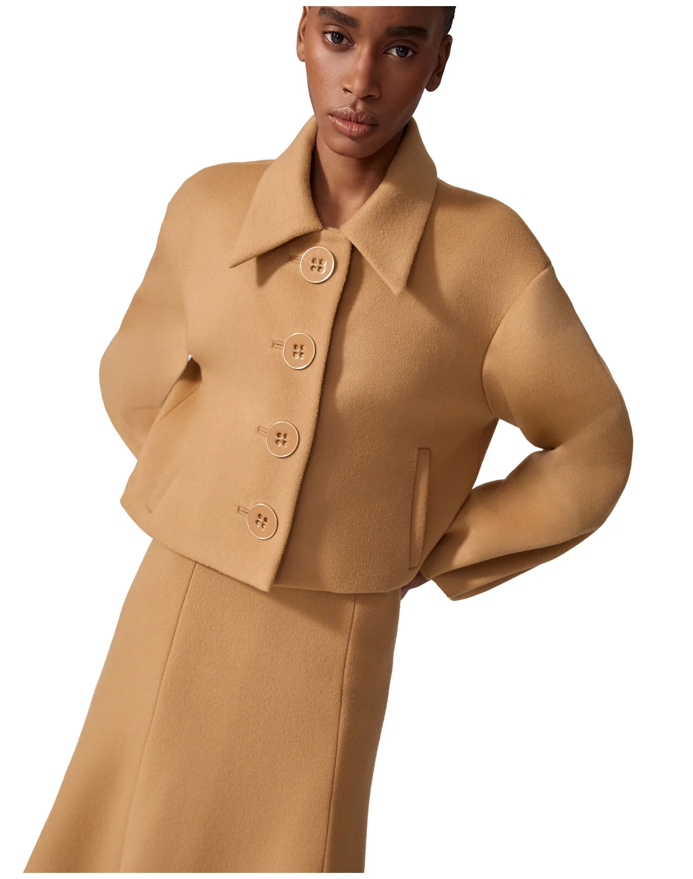 Cropped Collared Jacket with Welt Pockets | Tan - Image 5