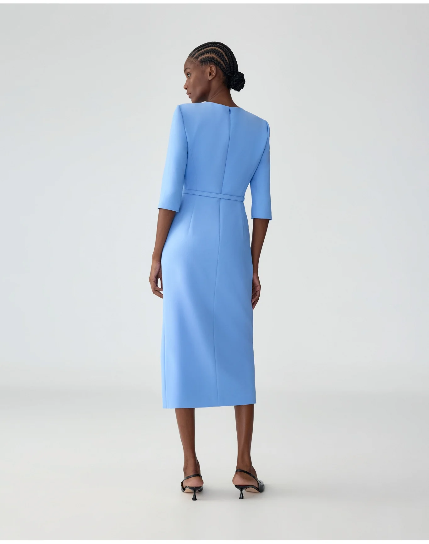Elbow Sleeve Crewneck Midi Dress with Belt | Cornflower - Image 2
