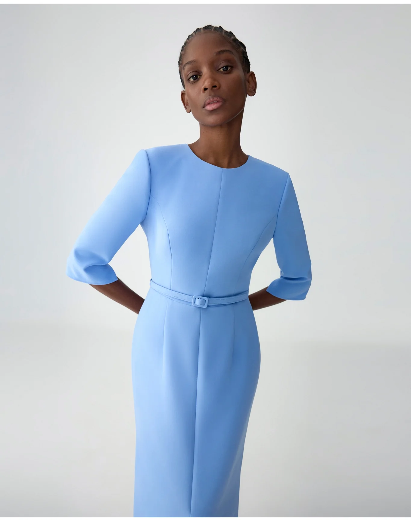 Elbow Sleeve Crewneck Midi Dress with Belt | Cornflower - Image 3