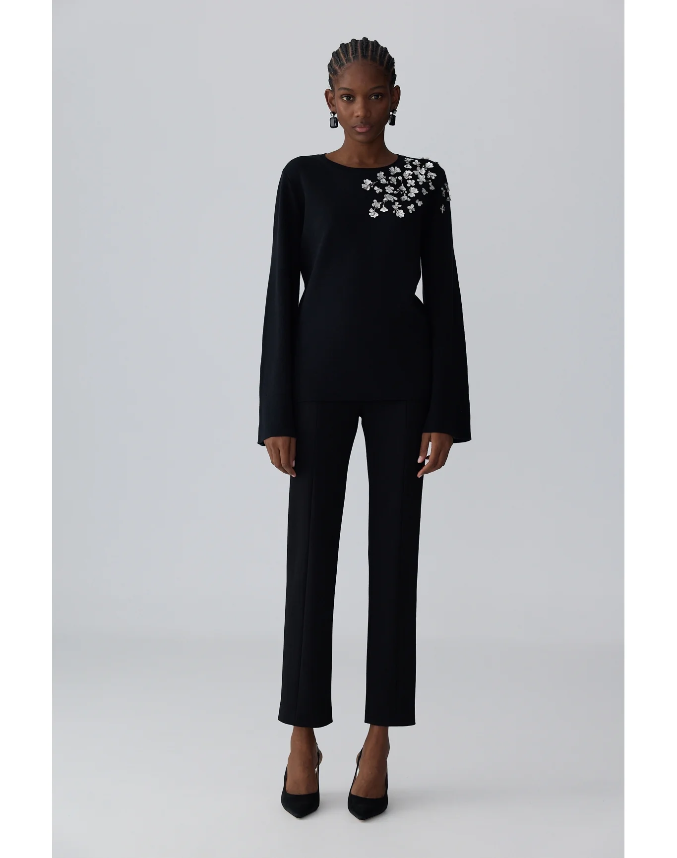 Embroidered Bell Sleeve Crewneck Sweater | Black - Image 2