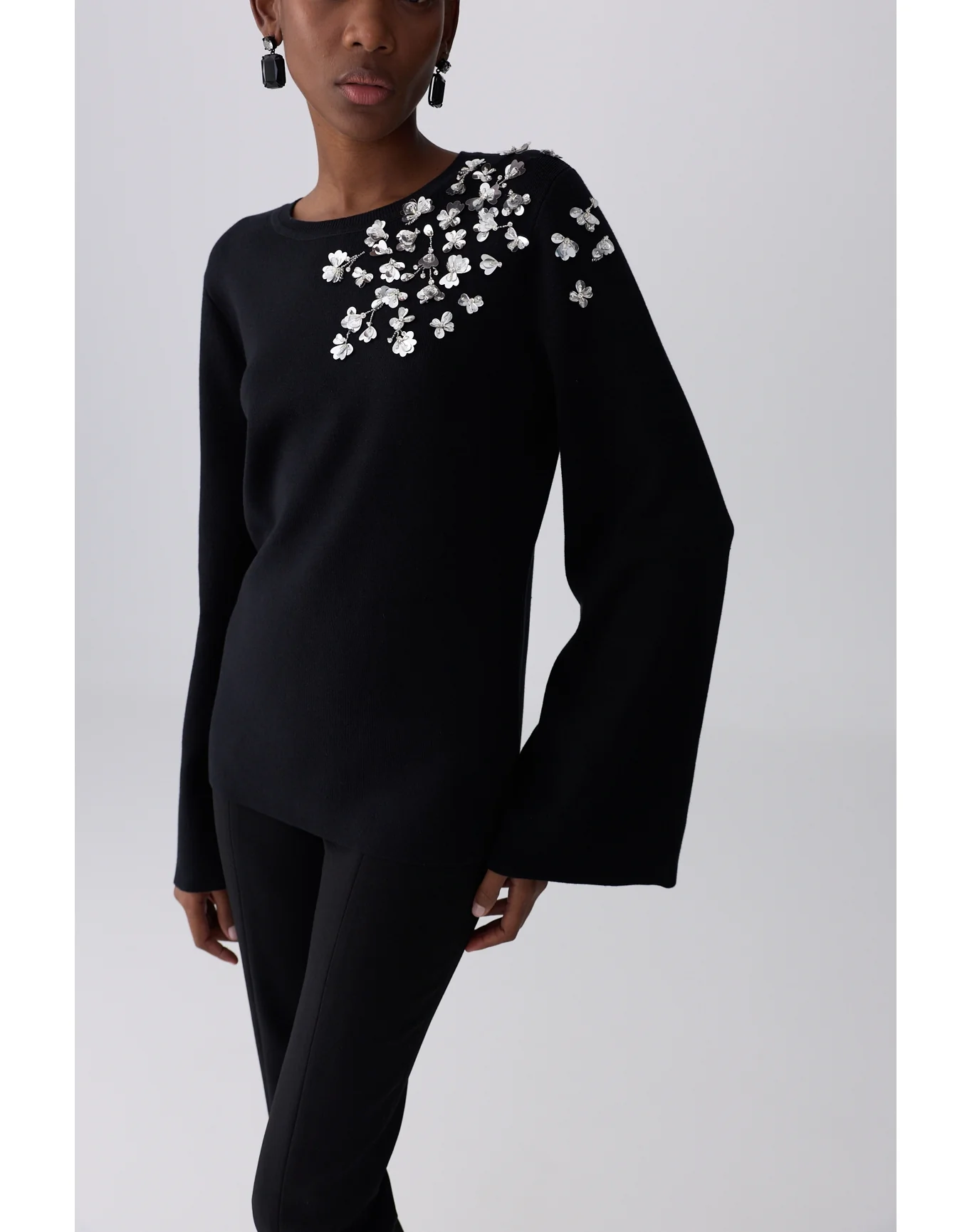 Embroidered Bell Sleeve Crewneck Sweater | Black - Image 4