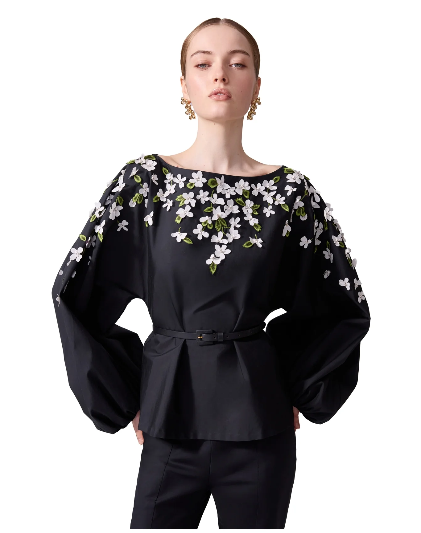 Embroidered Boat Neck Puff Sleeve Top | Black - Image 2