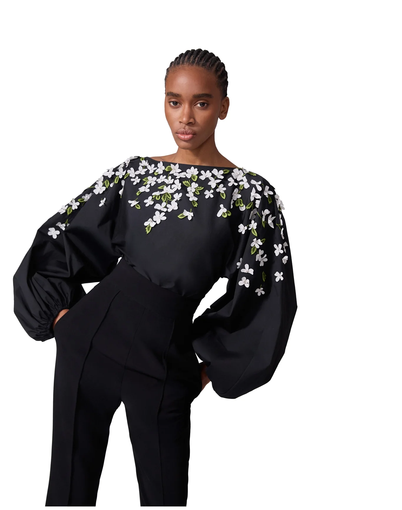 Embroidered Boat Neck Puff Sleeve Top | Black - Image 3