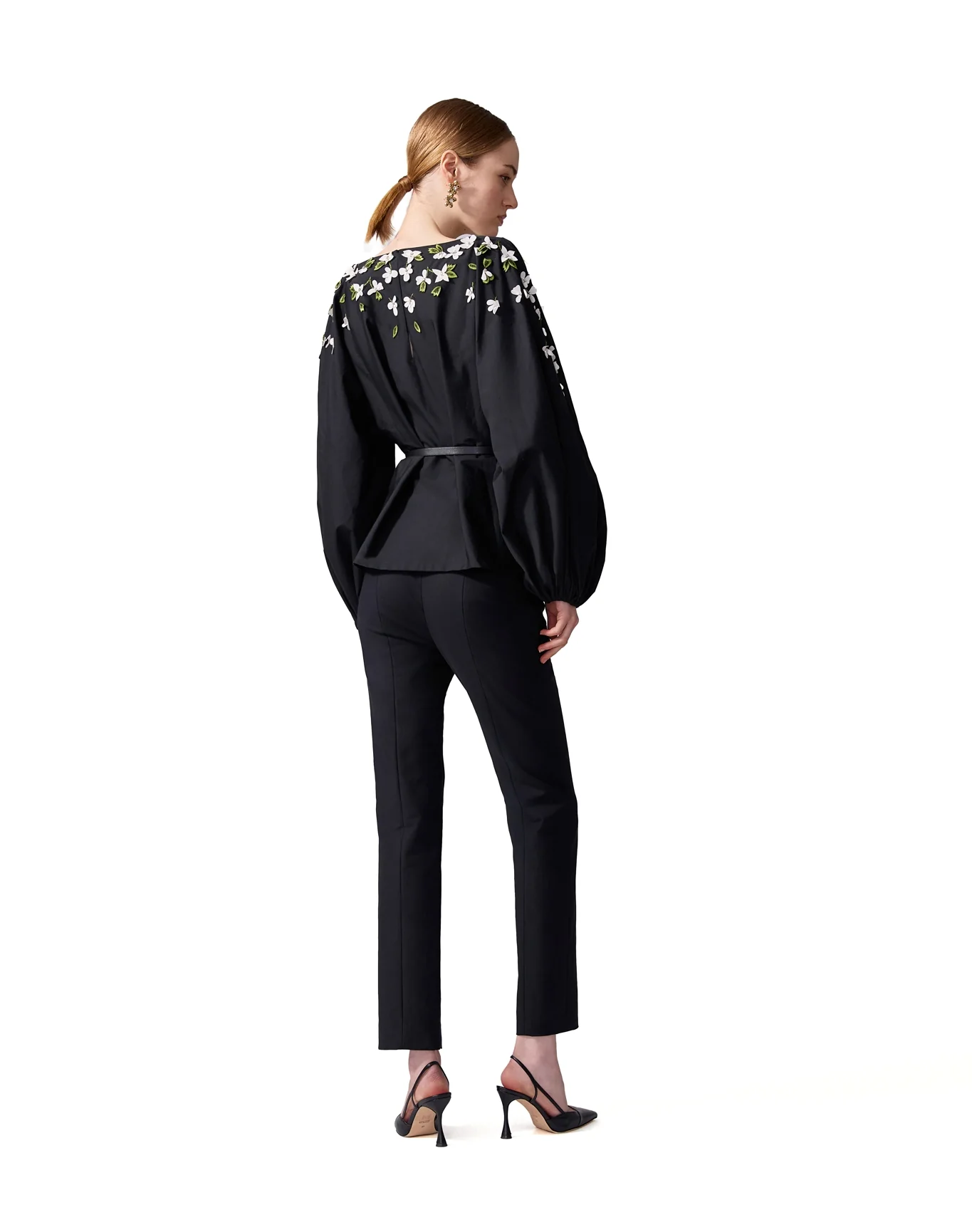 Embroidered Boat Neck Puff Sleeve Top | Black - Image 4