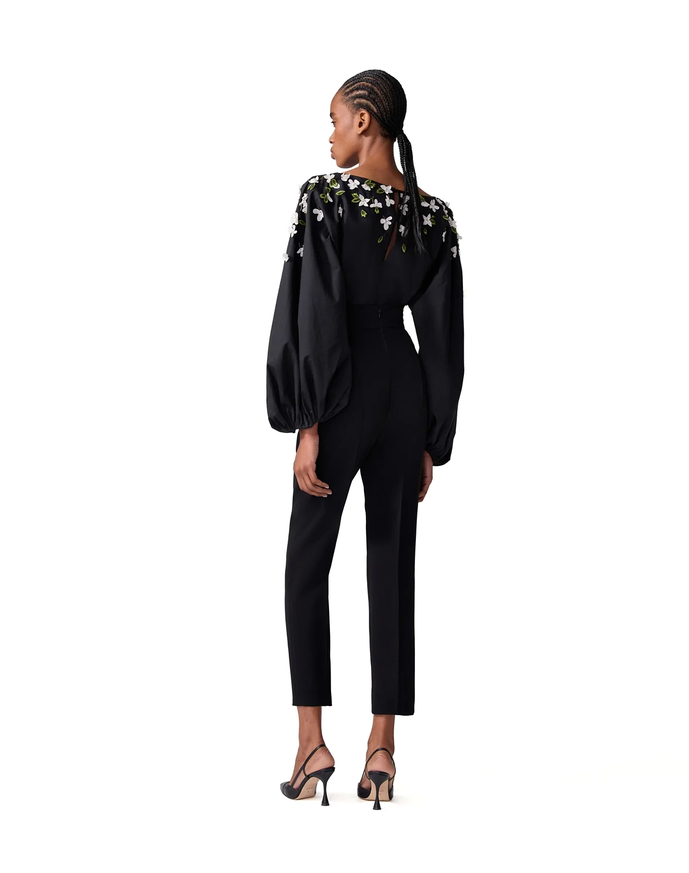 Embroidered Boat Neck Puff Sleeve Top | Black - Image 5