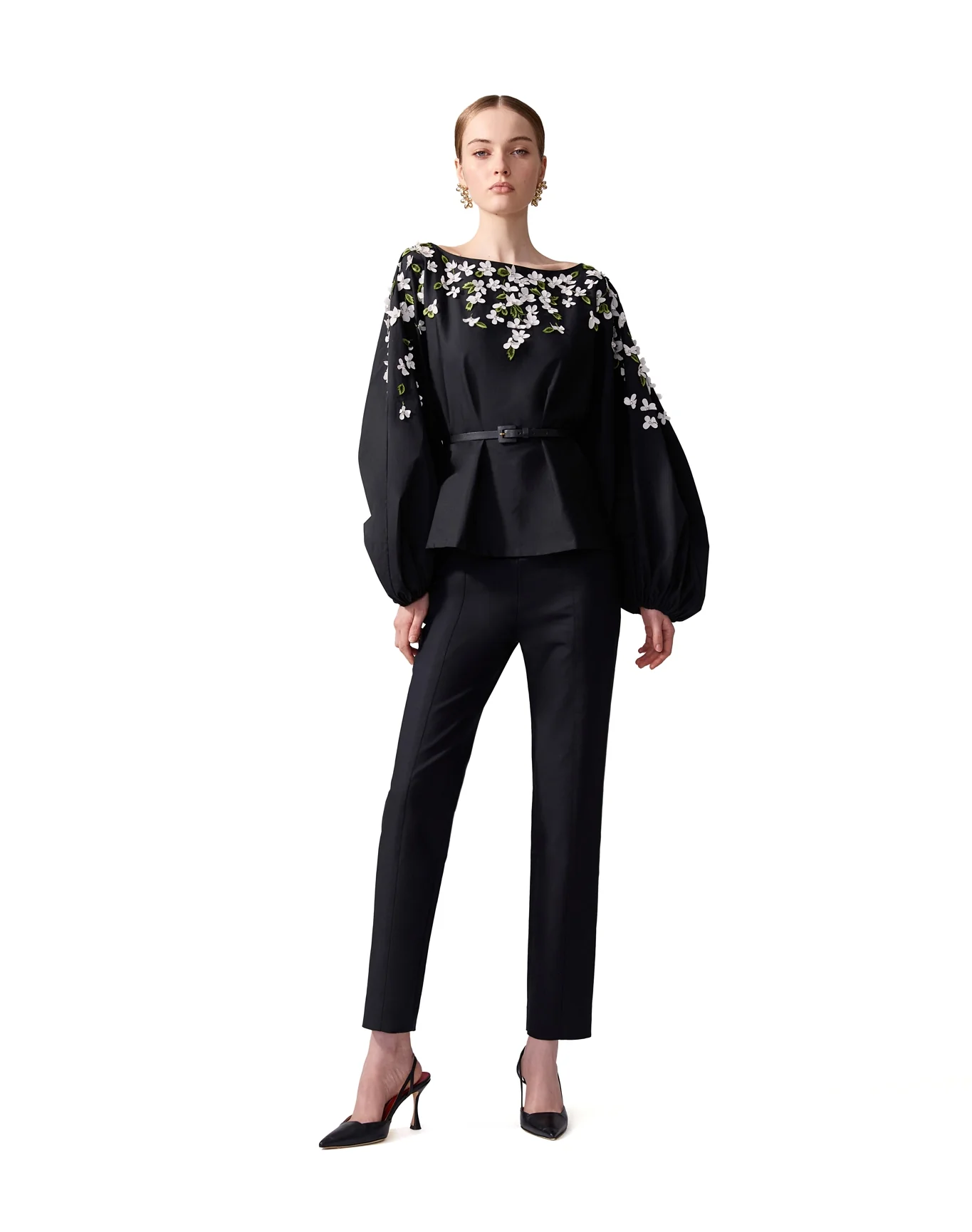 Embroidered Boat Neck Puff Sleeve Top | Black - Image 6