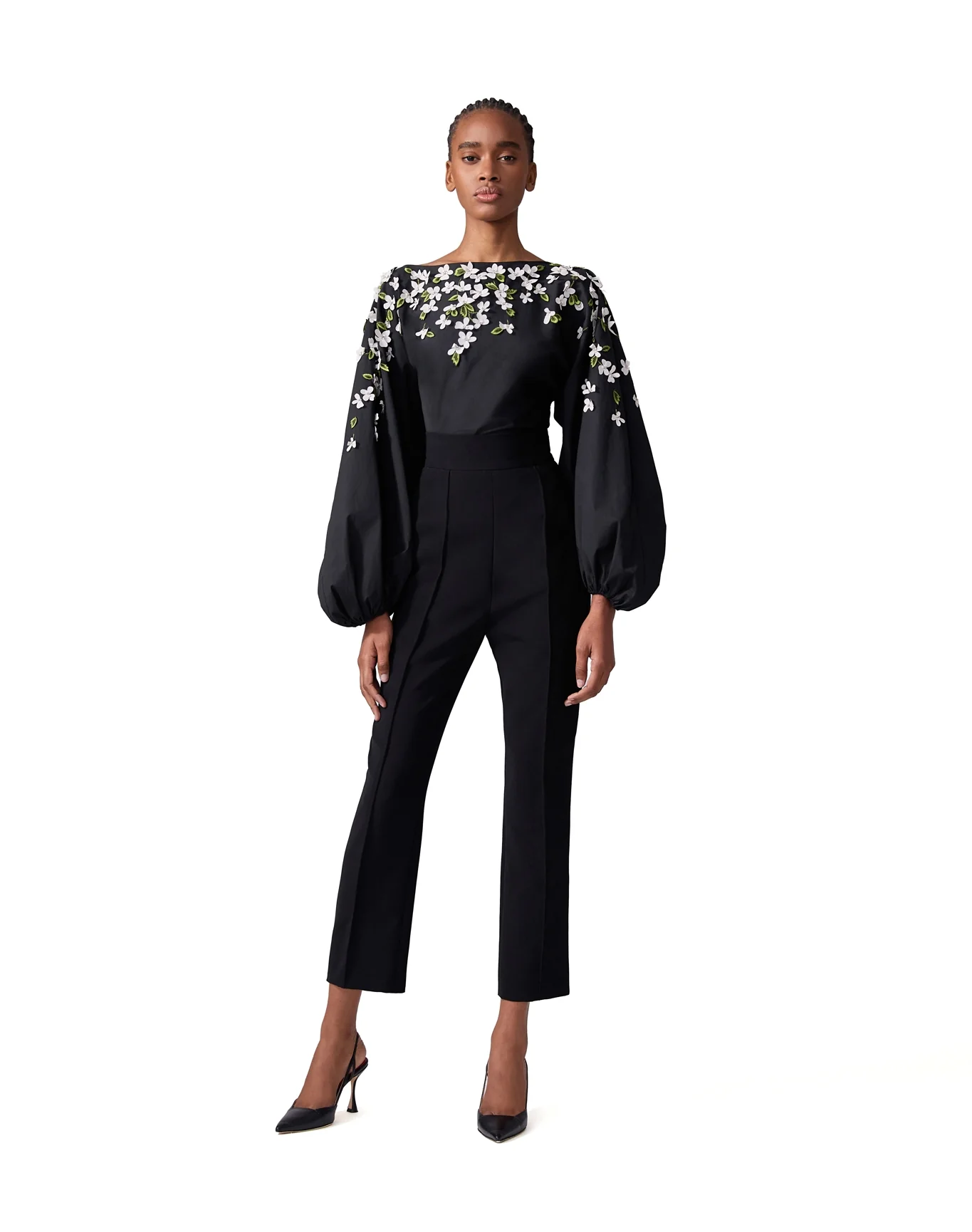 Embroidered Boat Neck Puff Sleeve Top | Black - Image 7