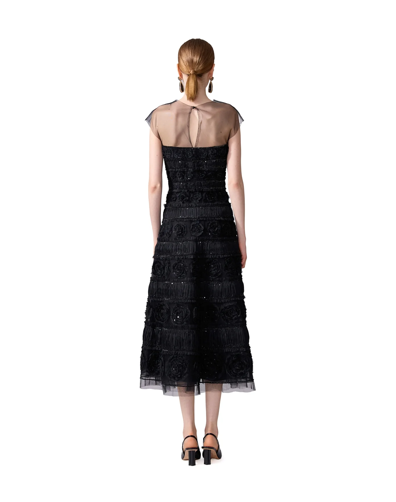 Embroidered Cap Sleeve Midi Dress | Black - Image 2