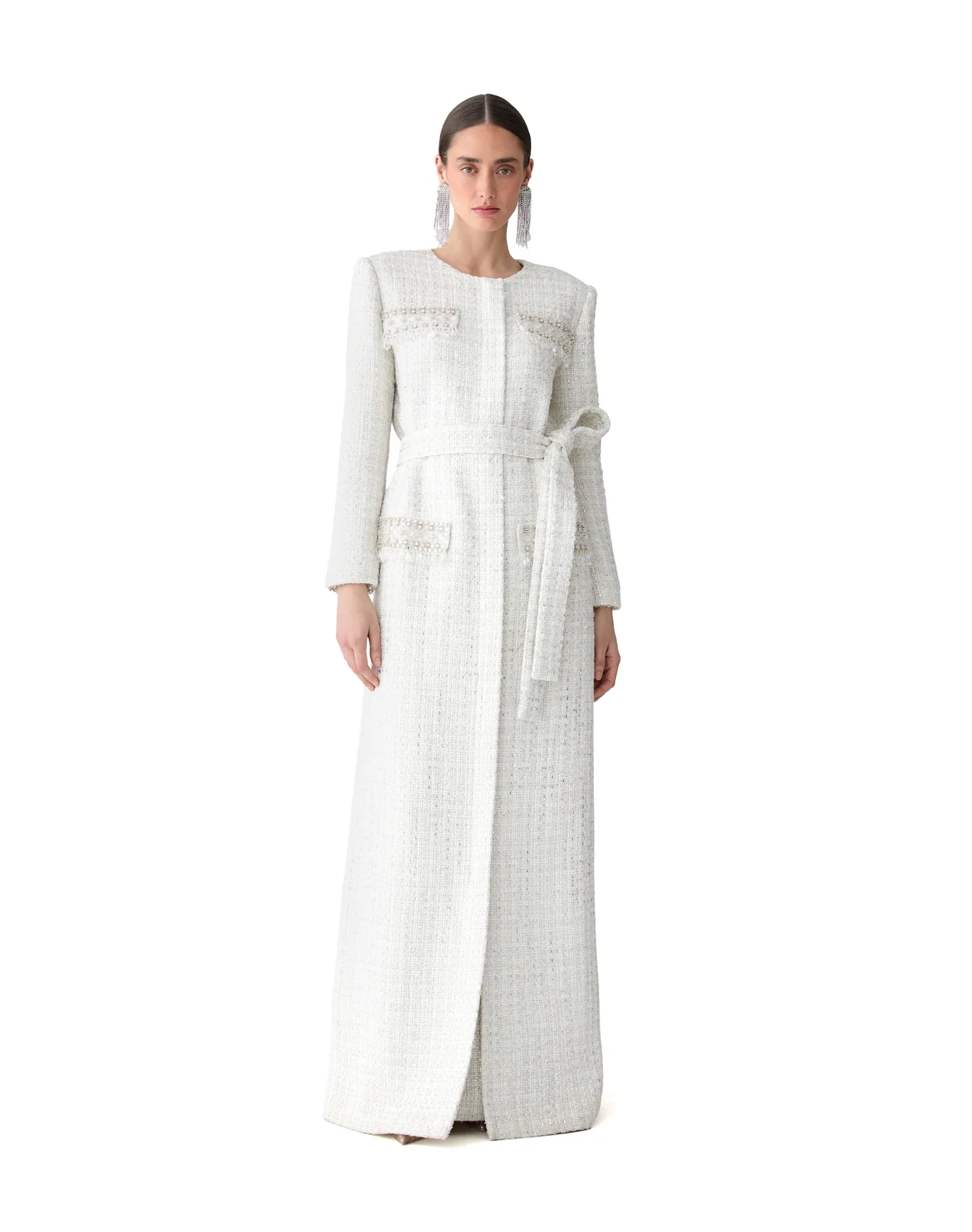 Embroidered Collarless Coat | Ivory Multi - Image 2