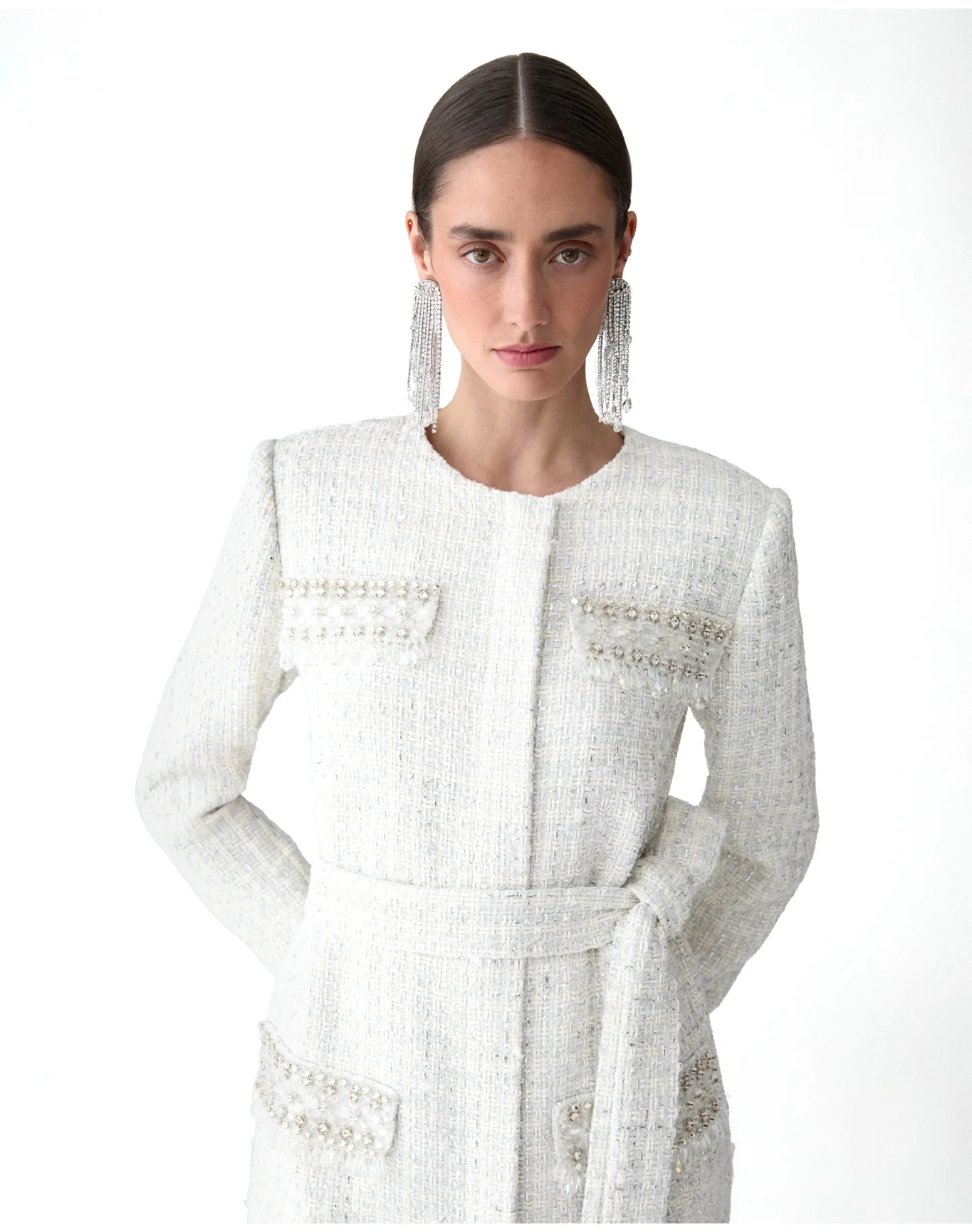 Embroidered Collarless Coat | Ivory Multi - Image 4