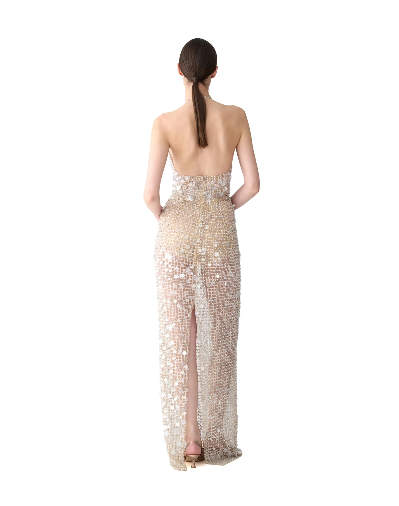 Embroidered Halter Neck Column Gown | Nude - Image 3