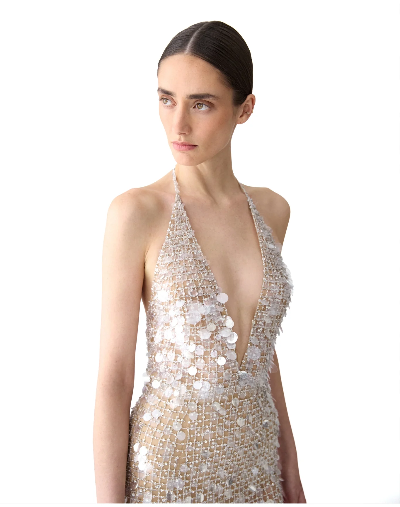 Embroidered Halter Neck Column Gown | Nude - Image 4
