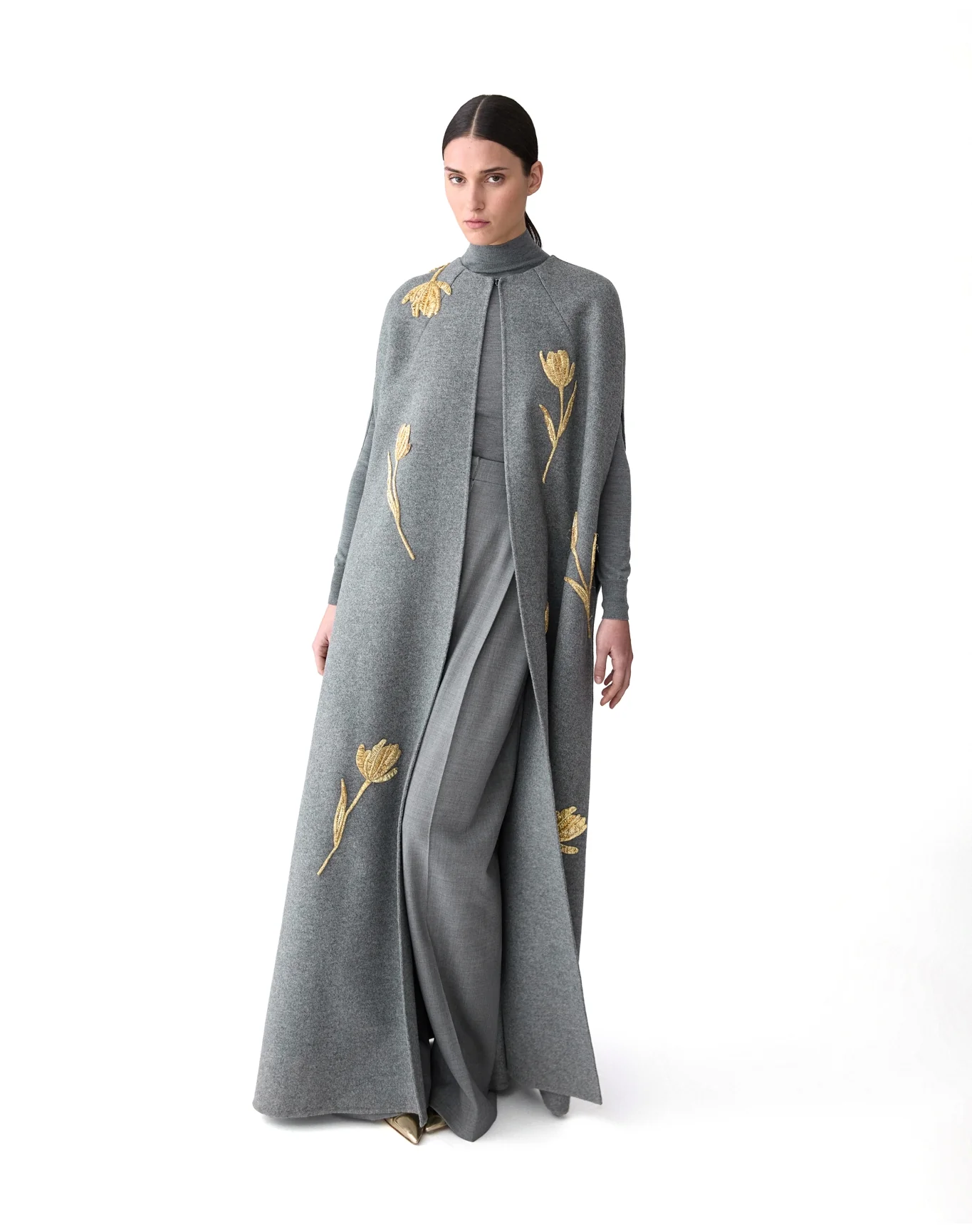 Embroidered Long Cape | Melange Grey M - Image 2