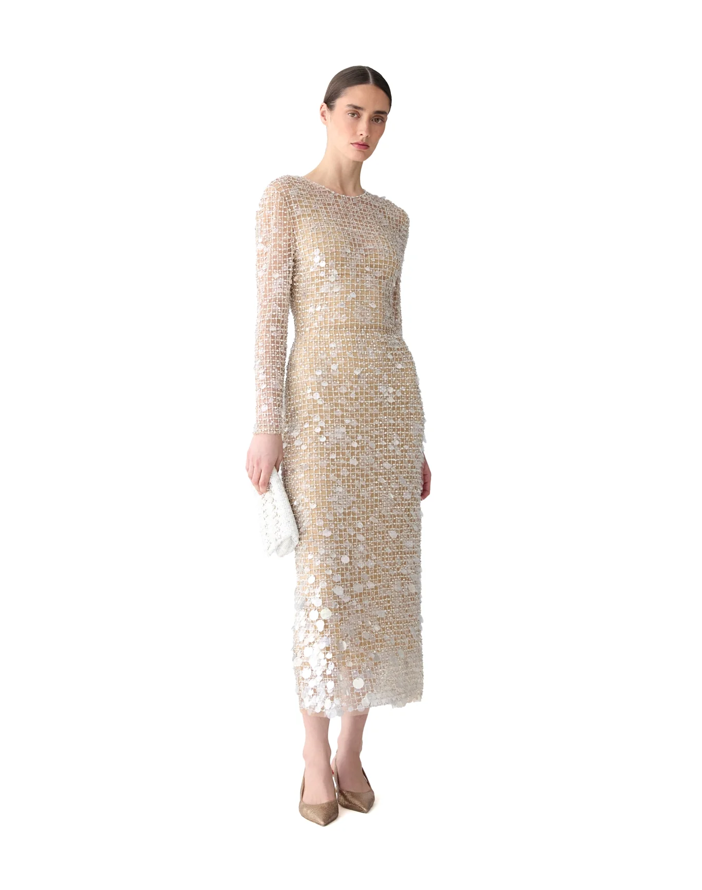 Embroidered Long Sleeve Midi Dress | Nude - Image 2