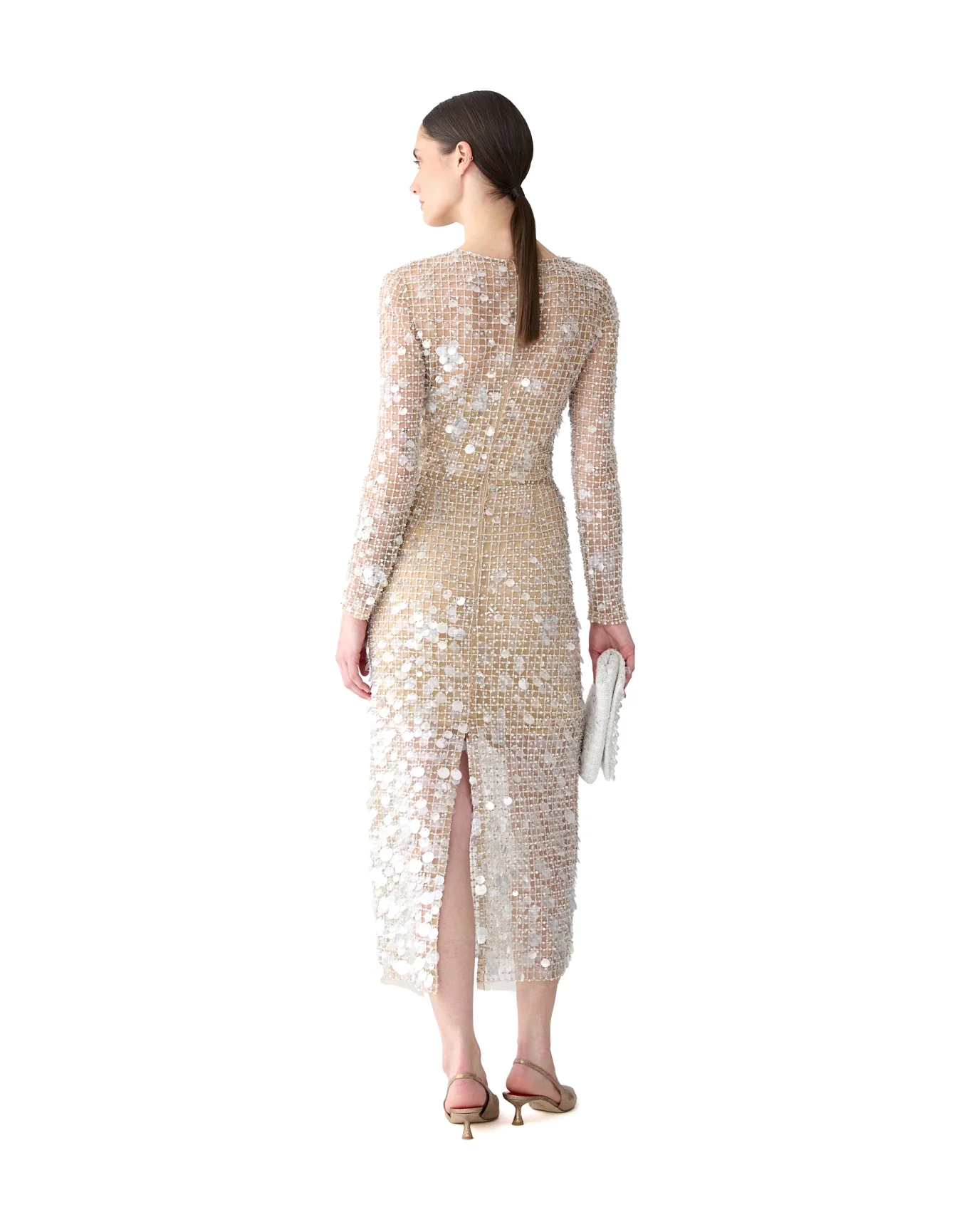 Embroidered Long Sleeve Midi Dress | Nude - Image 3