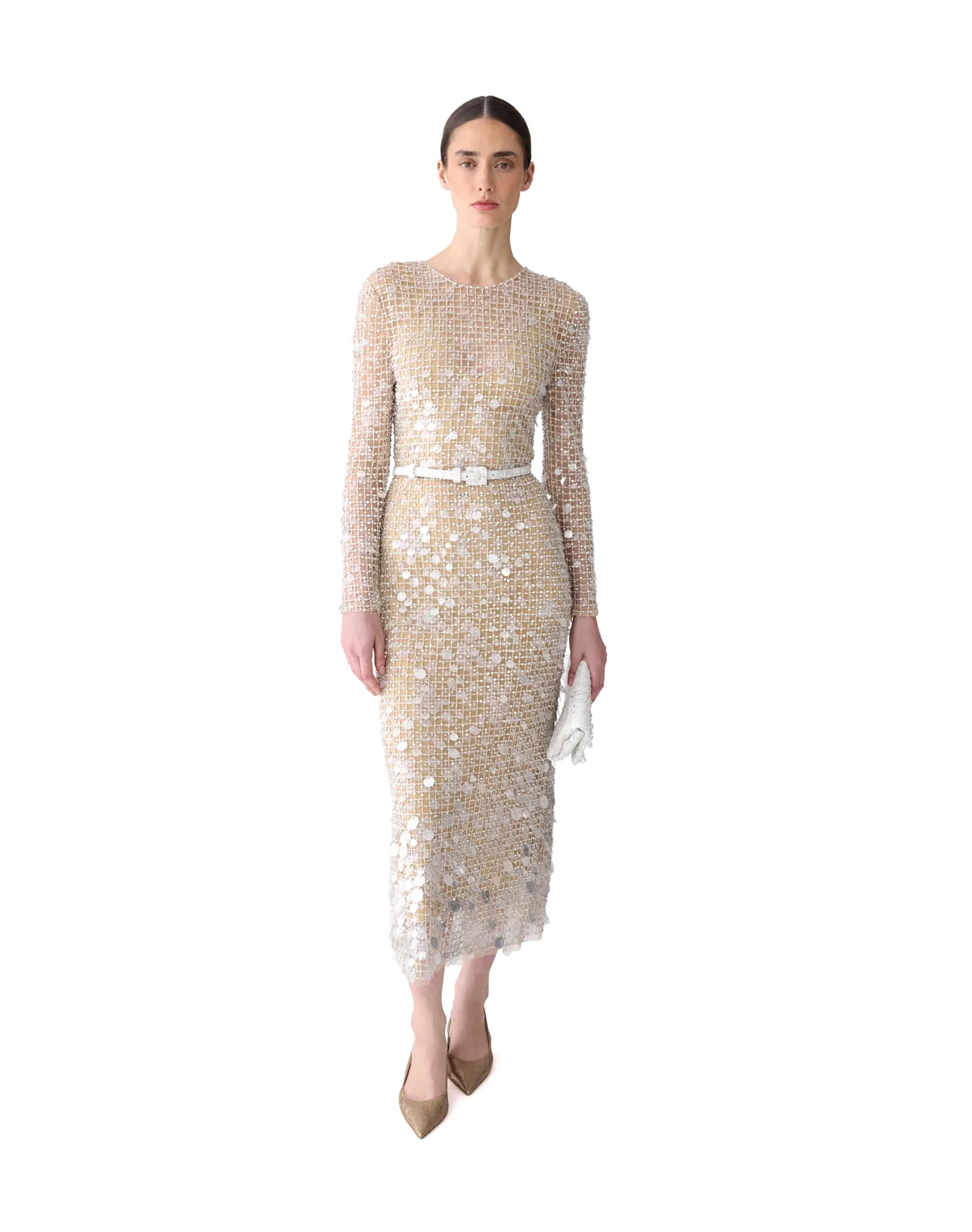 Embroidered Long Sleeve Midi Dress | Nude - Image 4