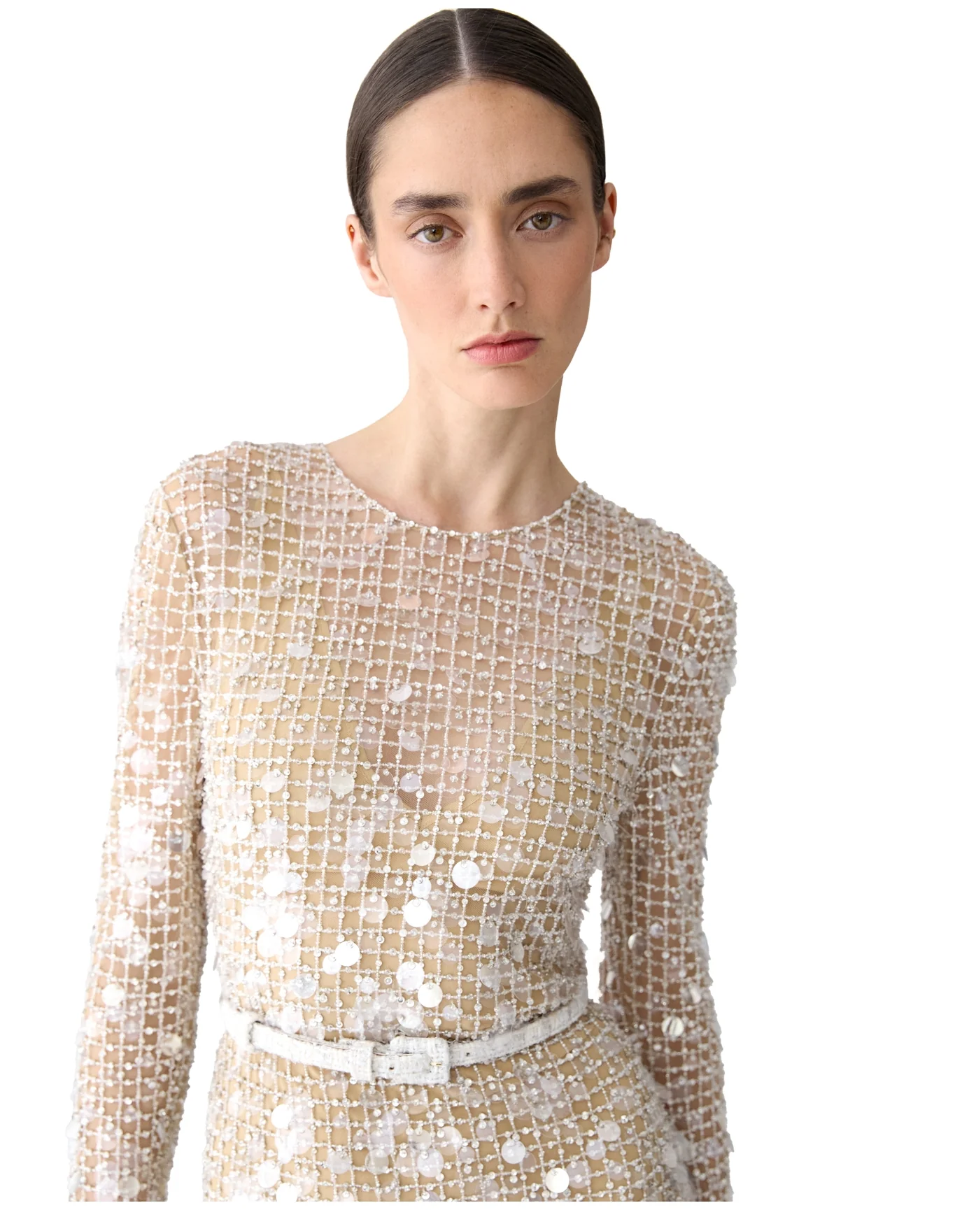 Embroidered Long Sleeve Midi Dress | Nude - Image 5