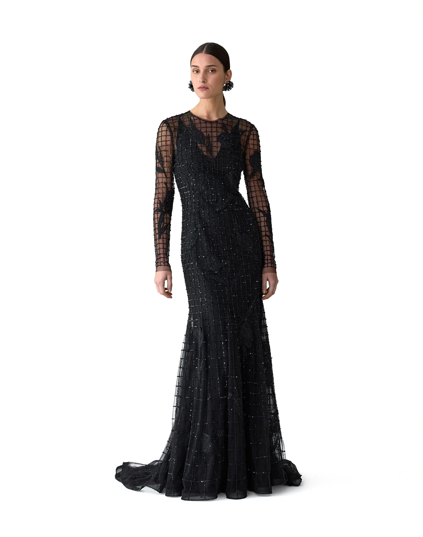 Embroidered Long Sleeve Trumpet Gown | Black - Image 2