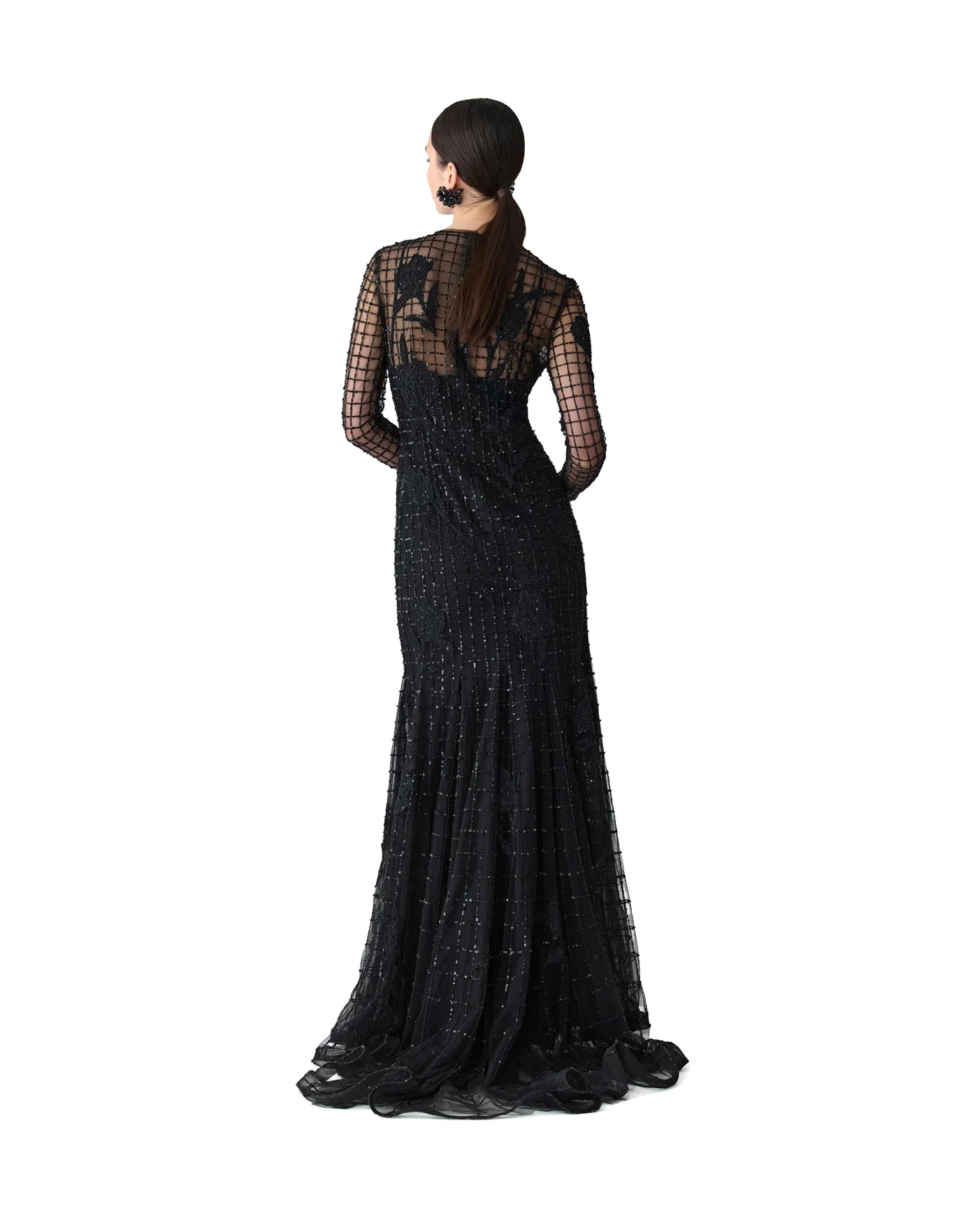 Embroidered Long Sleeve Trumpet Gown | Black - Image 3