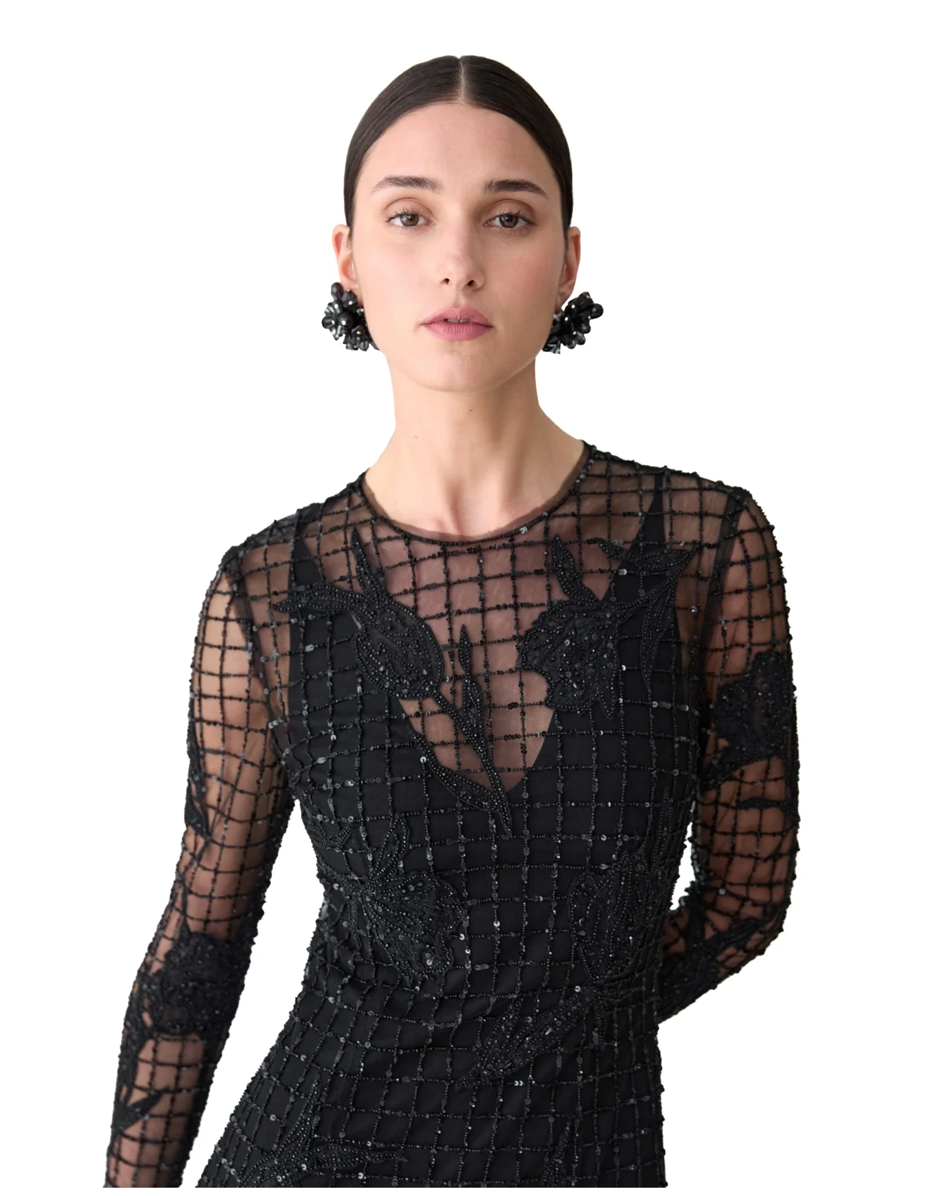 Embroidered Long Sleeve Trumpet Gown | Black - Image 4